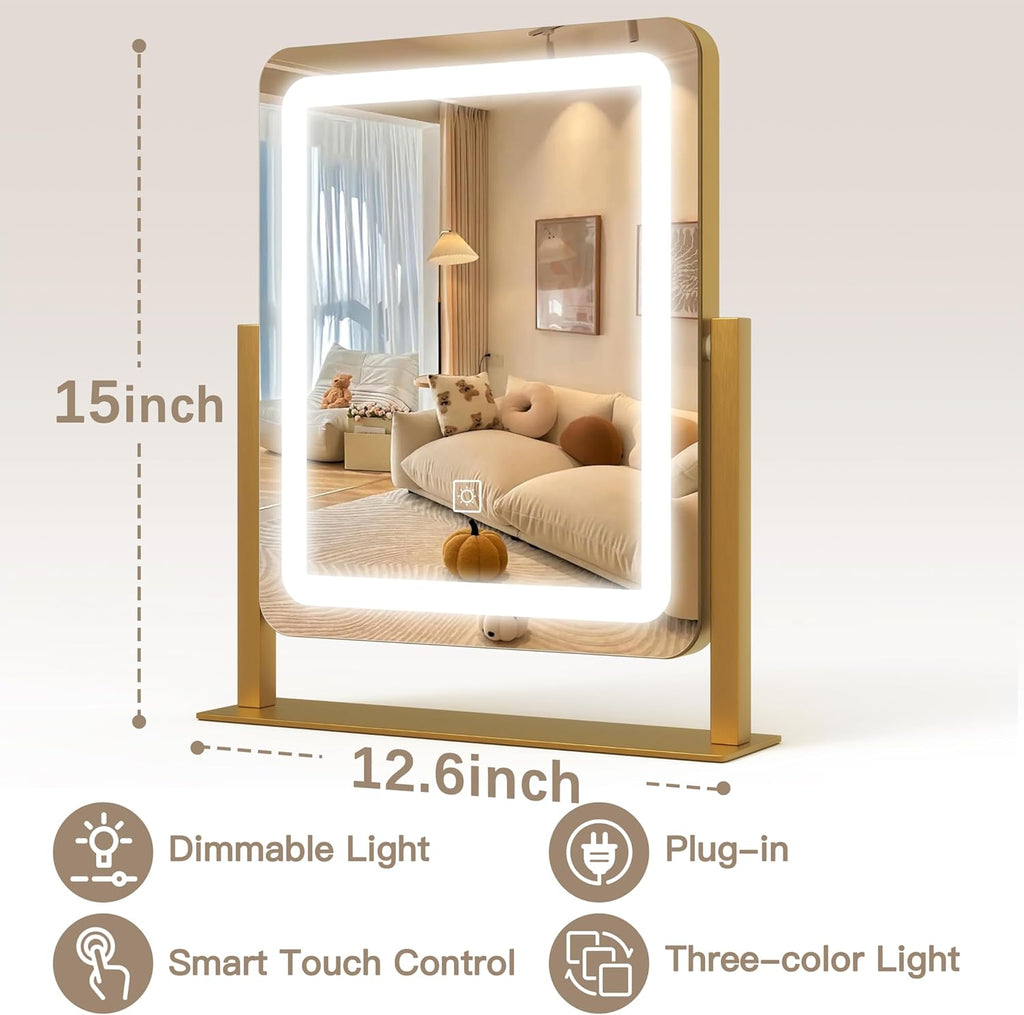 ROLOVE Vanity Mirror with Lights, 12.6"×15" LED Makeup Mirror, Lighted Makeup Mirror with Lights, Smart Touch Control Dimmable 3 Modes Light, Lighted Up Mirror for Makeup Desk, Gold