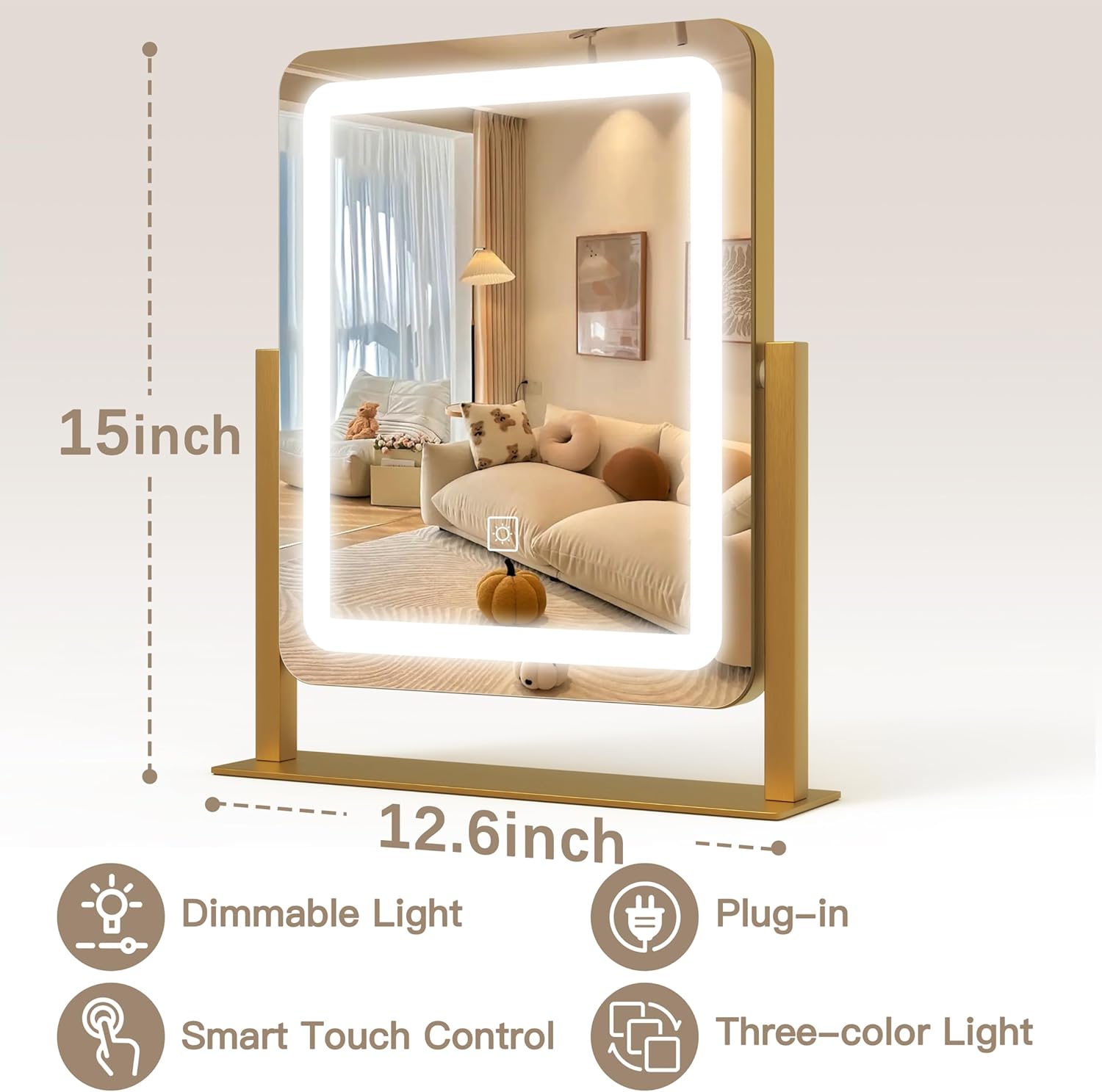 ROLOVE Vanity Mirror with Lights, 12.6"×15" LED Makeup Mirror, Lighted Makeup Mirror with Lights, Smart Touch Control Dimmable 3 Modes Light, Lighted Up Mirror for Makeup Desk, Gold