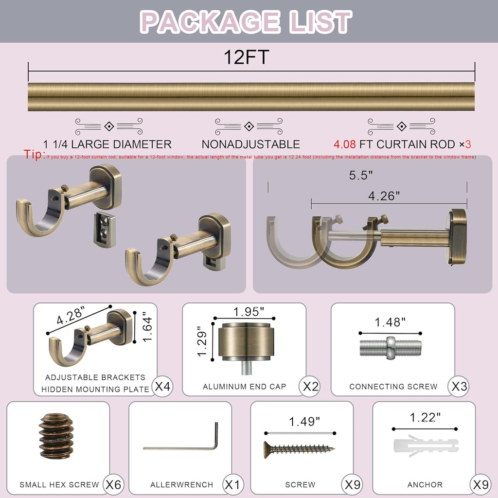Heavy Duty Curtain Rods,1 1/4" Large Diameter Premium Nonadjustable Curtain Rod,144in/12ft Custom Window Treatment Rods with Durable Aluminum Brackets and End Caps,Antique Bronze Finish