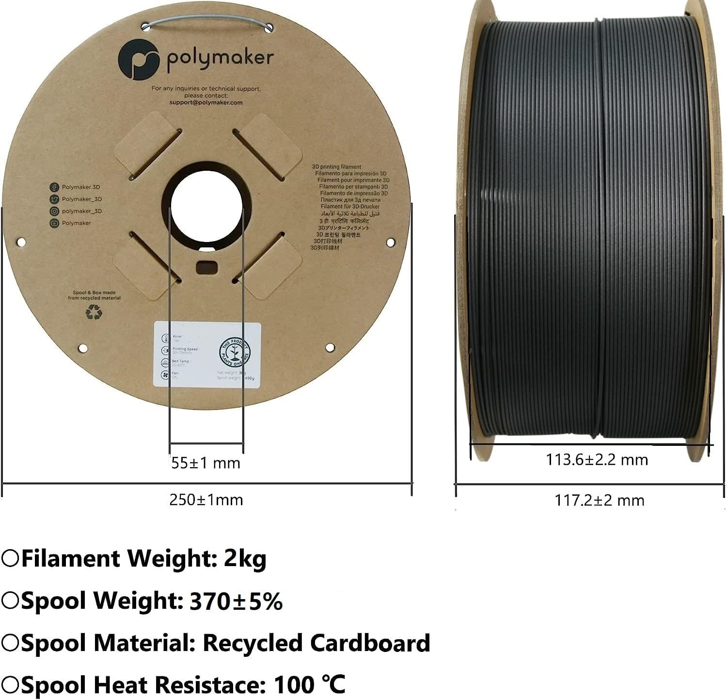 Polymaker PA6-CF Nylon Filament 1.75mm 2kg Black Carbon Fiber Nylon 3D Printing Filament - PolyMide PA6-CF Warp Free 3D Printer Filament