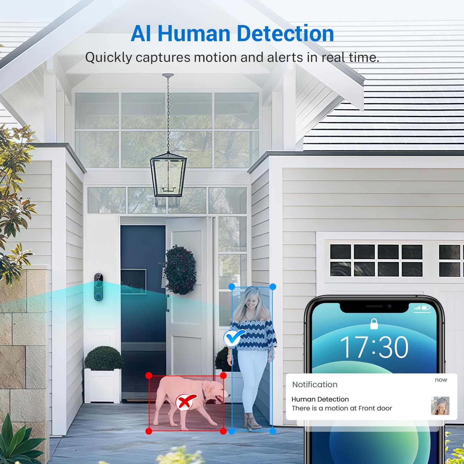 1080p Smart Video Doorbell Camera Wireless, Doorbell Receiver Included, Live View, AI Human Detection, Night Vision, Cloud Storage, 2.4G WiFi, Battery Powered, Indoor Outdoor Surveillance