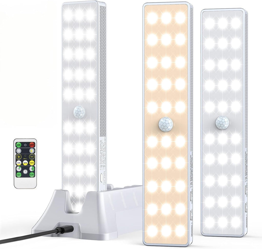 LED Closet Light with Charging Station, 3 Pcs 3 Color Temperatures 30LEDs Dimmer Rechargeable Motion Sensor Under Cabinet Lighting, Stick-on Night Light for Kitchen