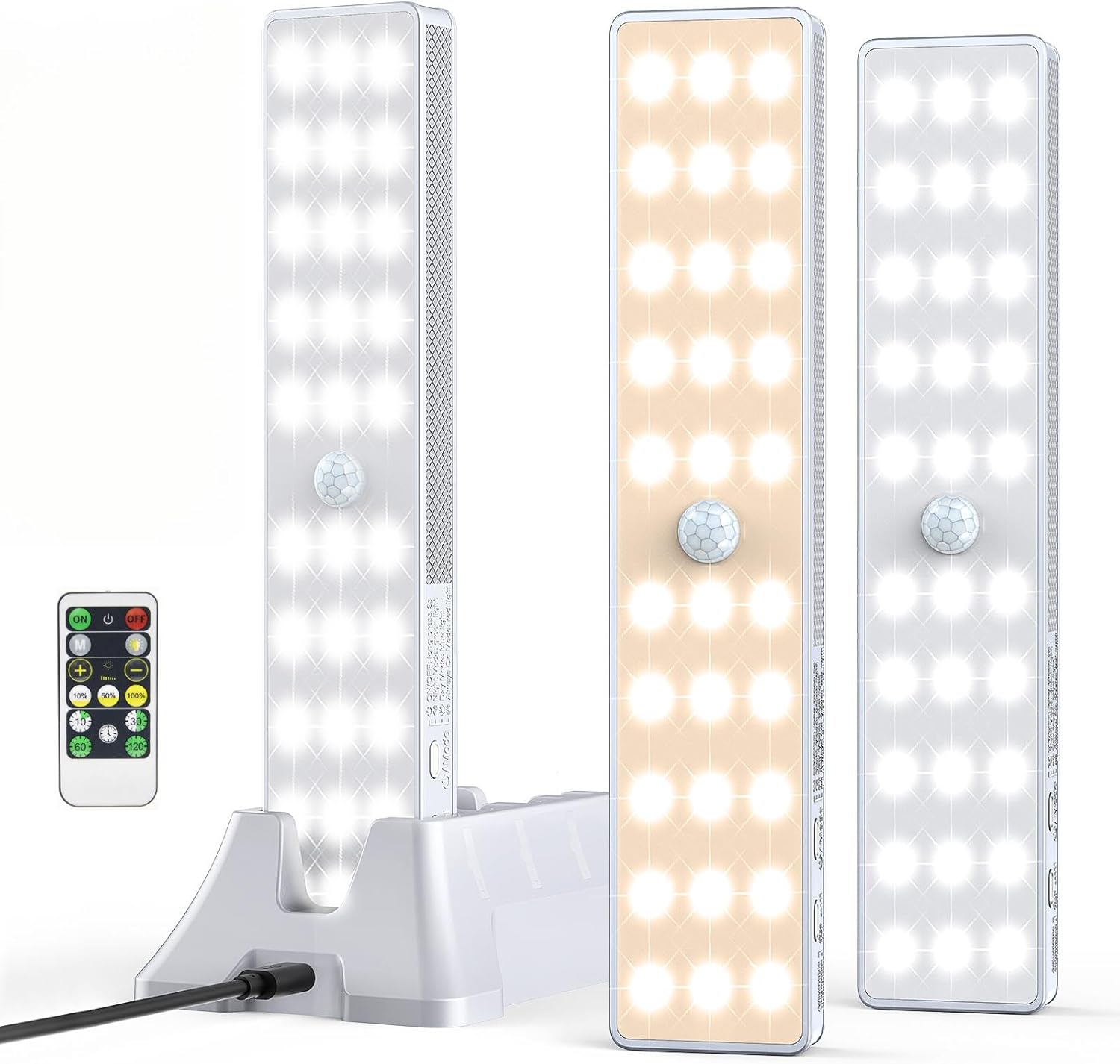 LED Closet Light with Charging Station, 3 Pcs 3 Color Temperatures 30LEDs Dimmer Rechargeable Motion Sensor Under Cabinet Lighting, Stick-on Night Light for Kitchen