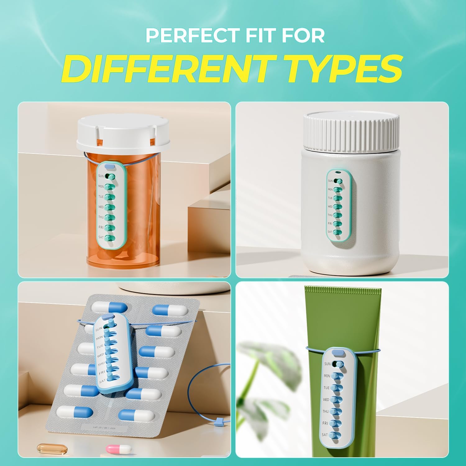 Odaro 4 Pack Pill Reminder, Lanyad or Sticker Pill Tracker, Work with Most Bottles, Reusable Medication Tracker Replacement of Vitamin Weekly (7 Day) Medicine Organizer
