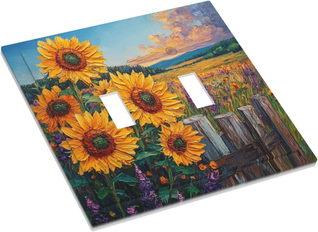 Decorative Light Switch Cover Plate Rustic Wilderness Sunflower Lavender Muzha Oil Painting 2 Gang Wall Plate Oversized Double Toggle Two Switch Wall Cover Plate Faceplate