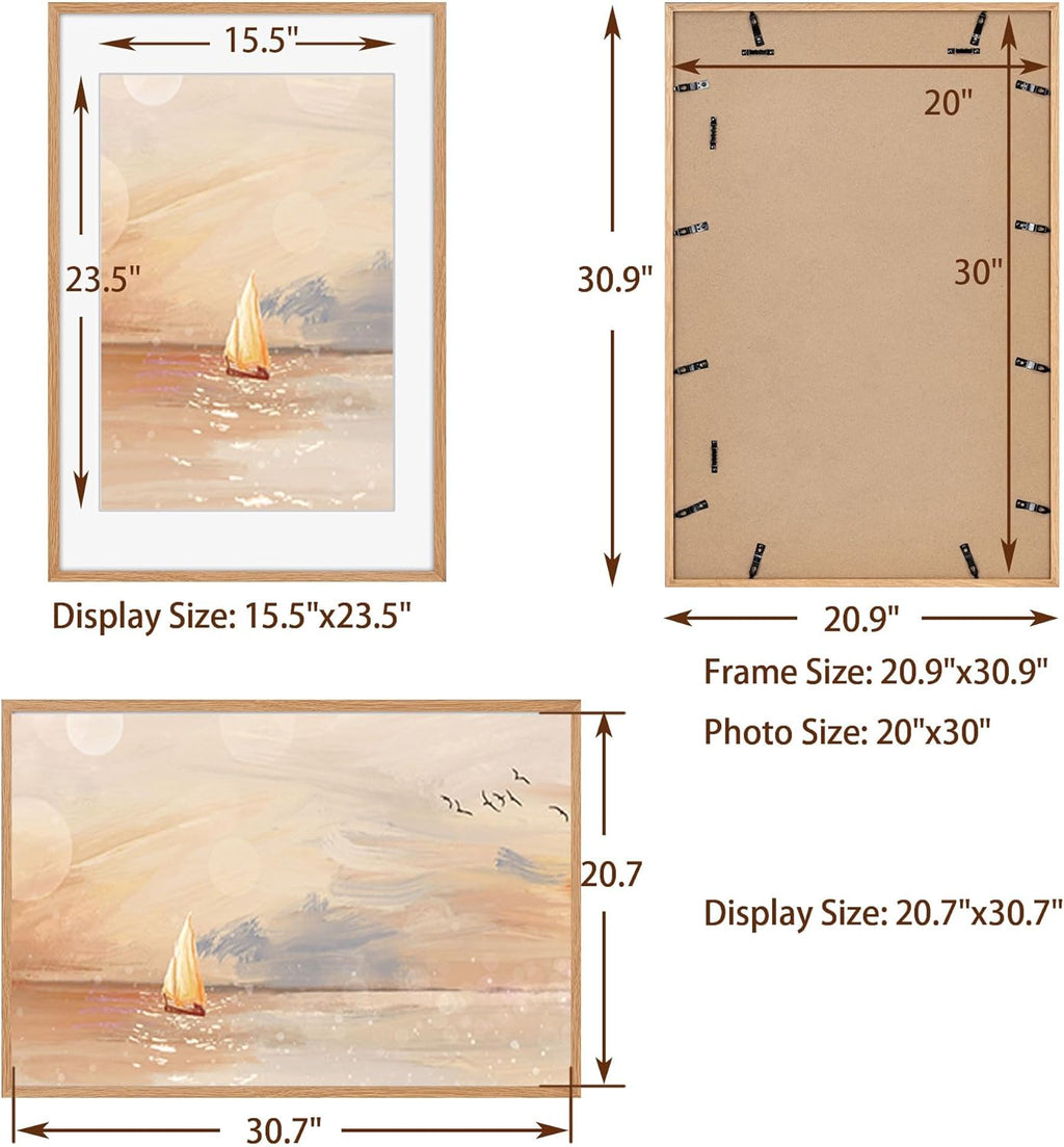 20x30 Picture Frame, Rustic Wood 20 x 30 Poster Frames for Wall, Oak Wood Picture Frames 20 by 30 with Real Glass, 20x30 Frame Matted for 16x24, Large Wooden Photo Frame 20x30 Inch, Oak Color, 1 Pack