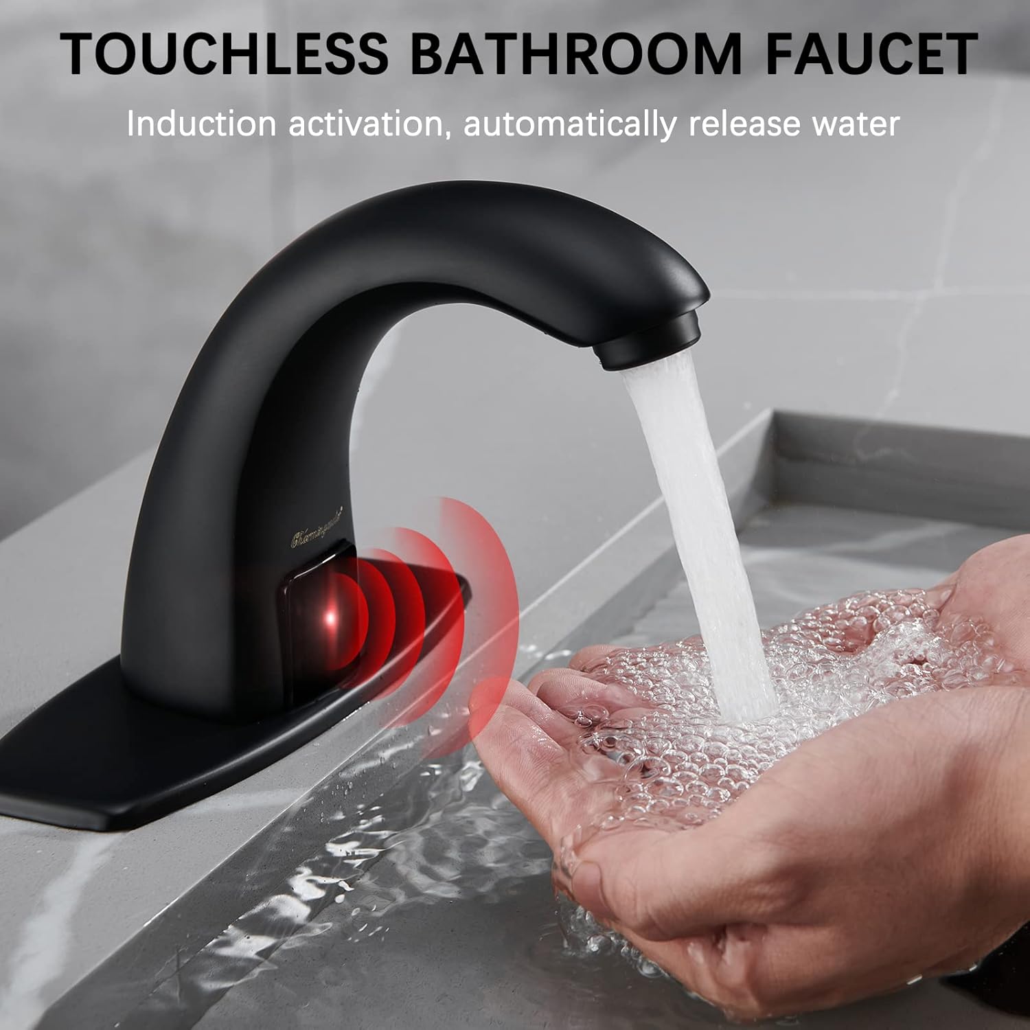 Charmingwater Touchless Bathroom Sink Faucet, Motion Automatic Sensor Faucet with Hole Cover Plate, Matte Black
