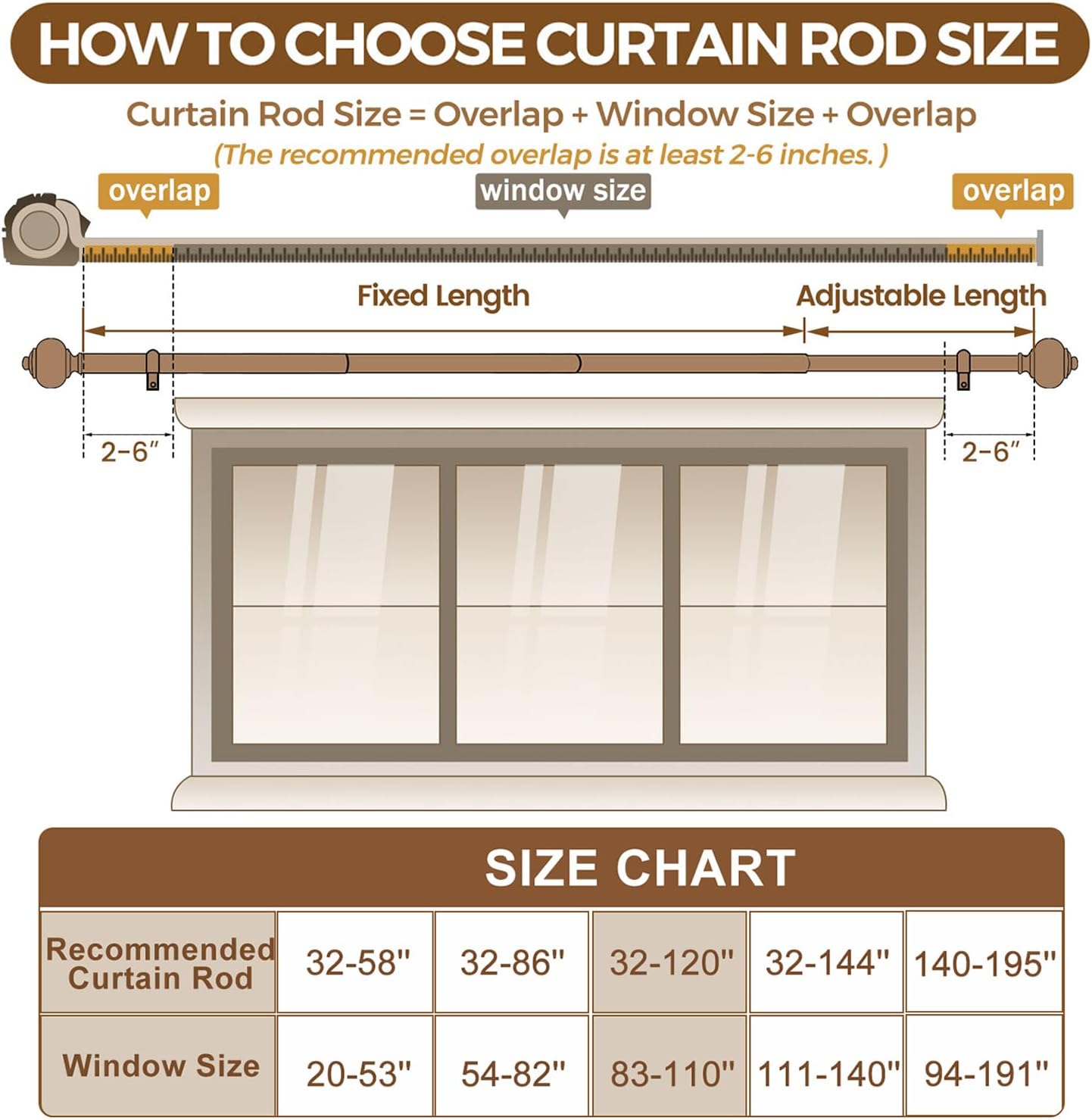 KAMANINA Curtain Rods 32 to 120 Inches (2.6-10ft), 7/8 Inch White Curtain Rods for Windows 66 to 120, Long Adjustable Drapery Rod with Round Finials