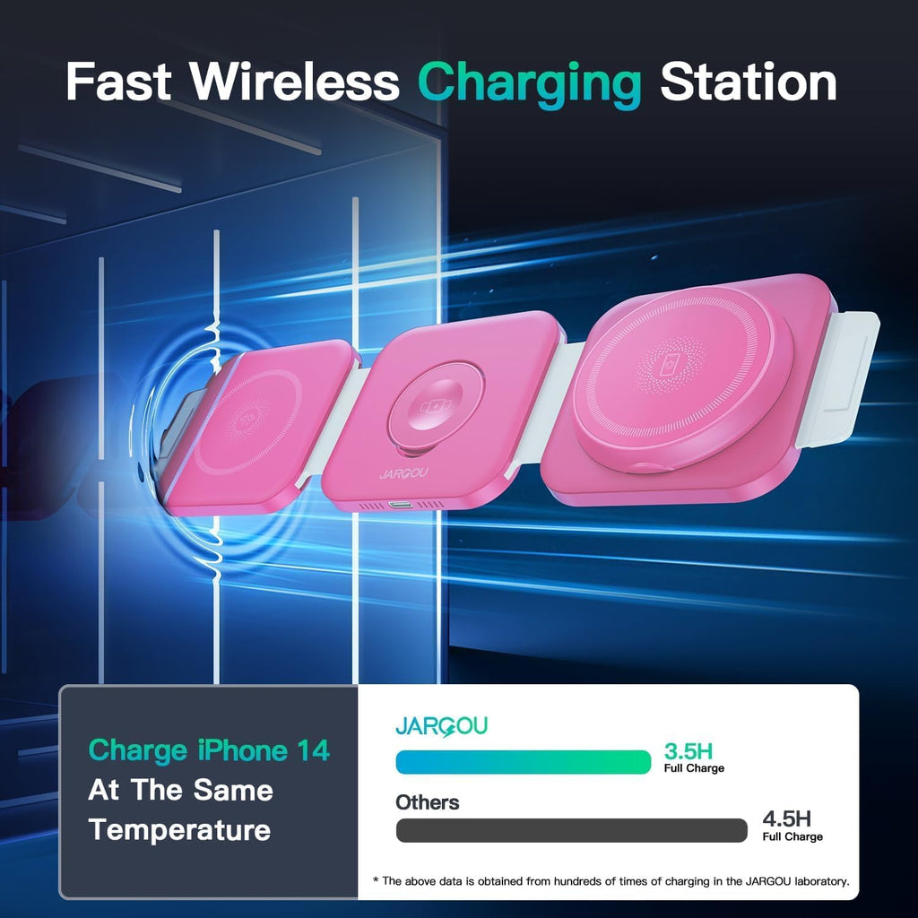 JARGOU 3 in 1 Magnetic Wireless Charger, Fast Charging Station for iPhone 16/15/14/13/12 Series, Travel Charger for Multiple Devices for AirPods 4/3/2/Pro, Charging Stand for Apple Watch Series (Pink)