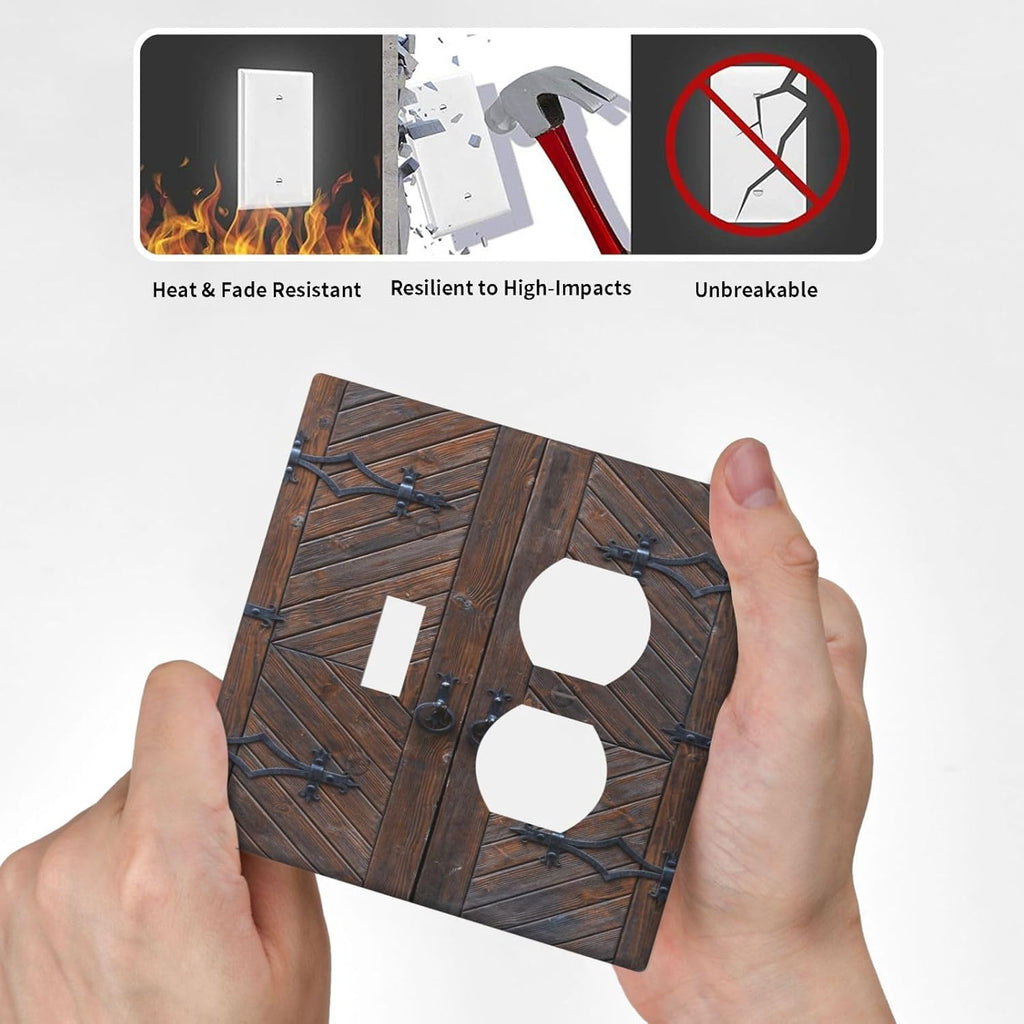 Decorative Outlet Covers Vintage Brown Wood Barn Door 2 Gang Wall Plate Single Toggle Duplex Light Switch Cover Switch Plate Covers for Farmhouse Bedroom Home Decor