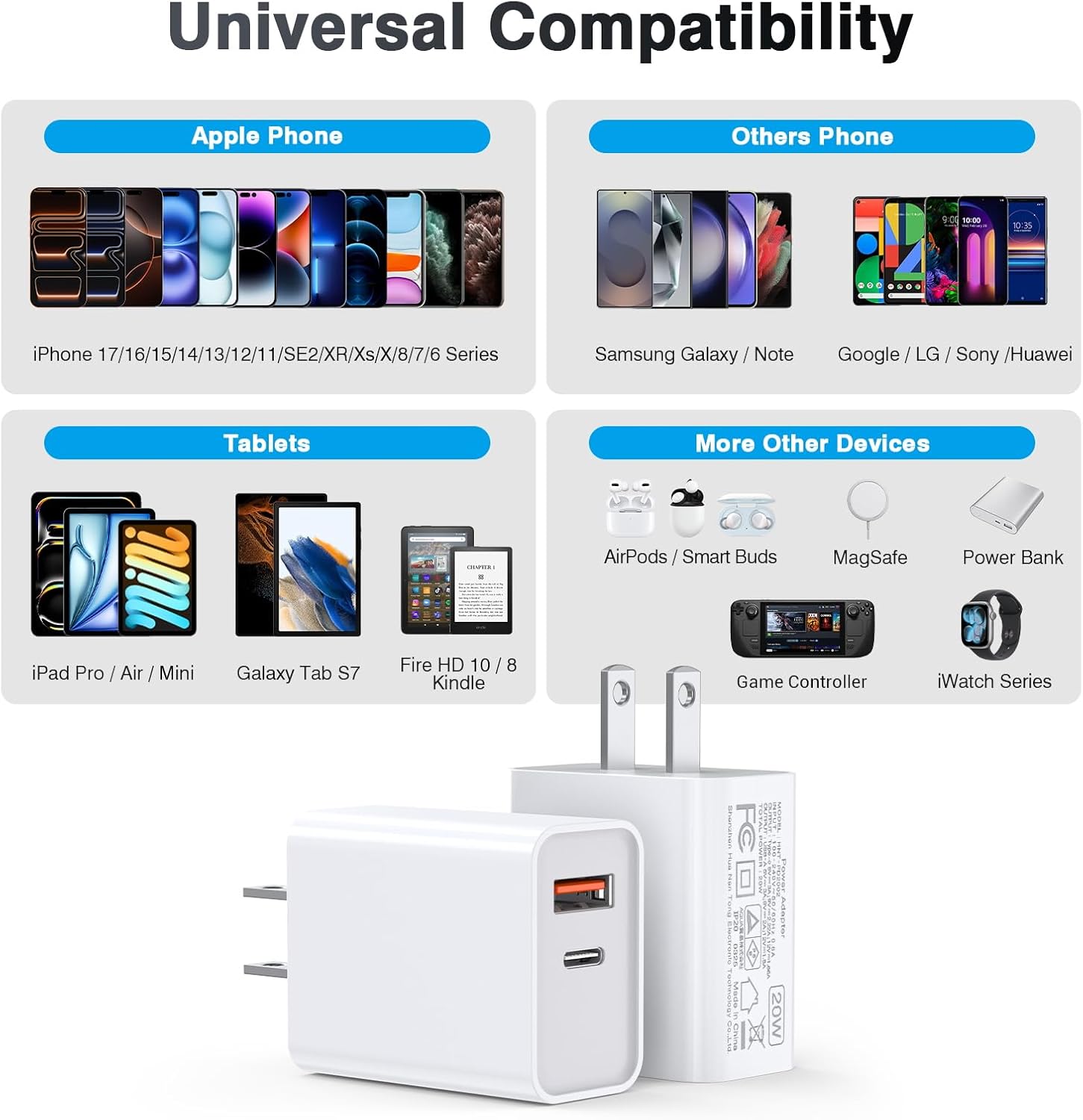 2-Pack Type C Charger Adapter, 20W Multiport Fast Charge Power Brick Cube for iPhone 16/17, iPad, iPod, Samsung Galaxy, Motorola, PS5, Huawei, HTC, LG, Nokia, QC+PD 3.0 USBA Box Wall Plug