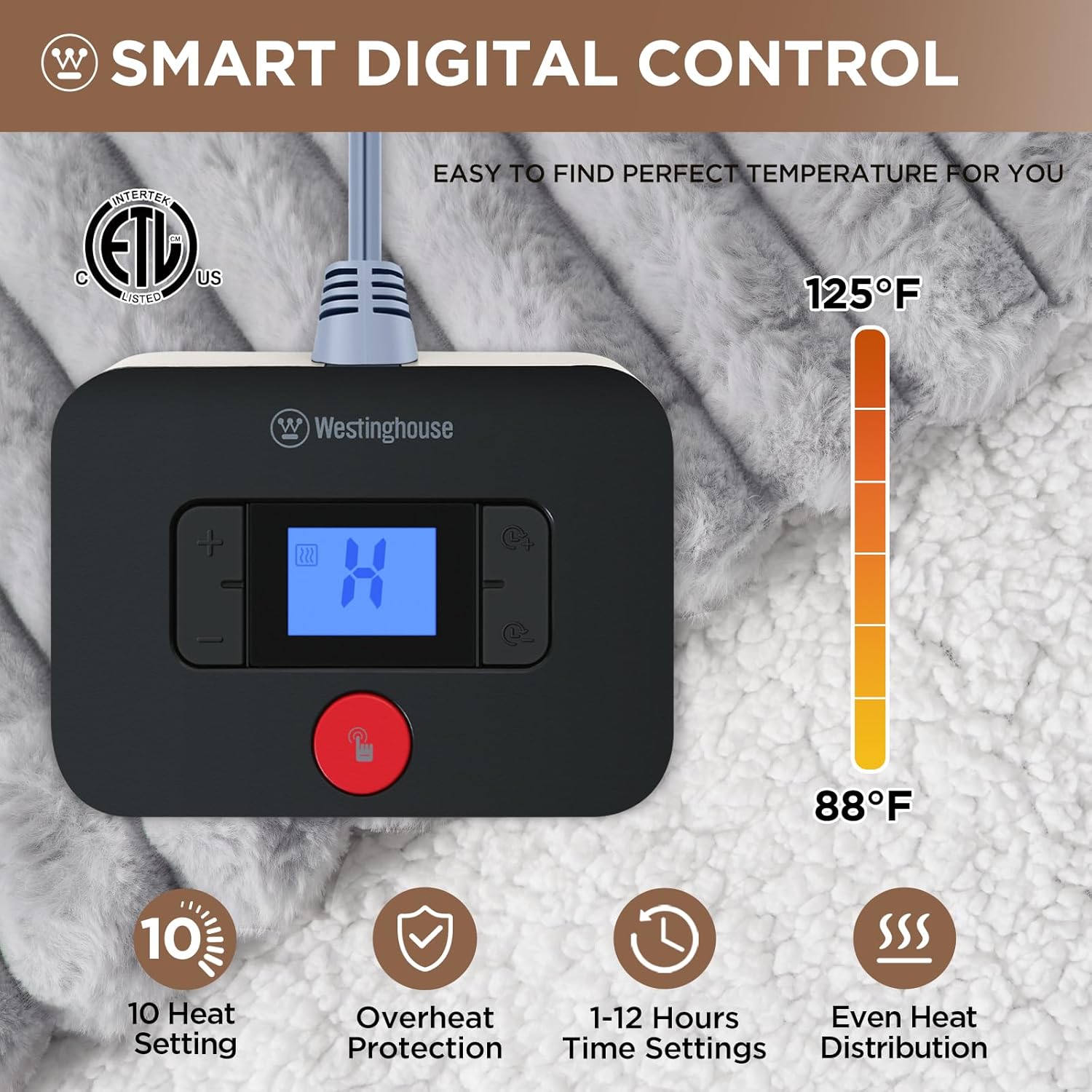 Westinghouse Electric Blanket Queen Size, Soft Luxury Faux Fur & Sherpa Heated Blanket with 10 Heating Levels & 1-12 Hours Auto Off, Fast Heating Blanket, Machine Washable, 84x 90 Inch Light Grey