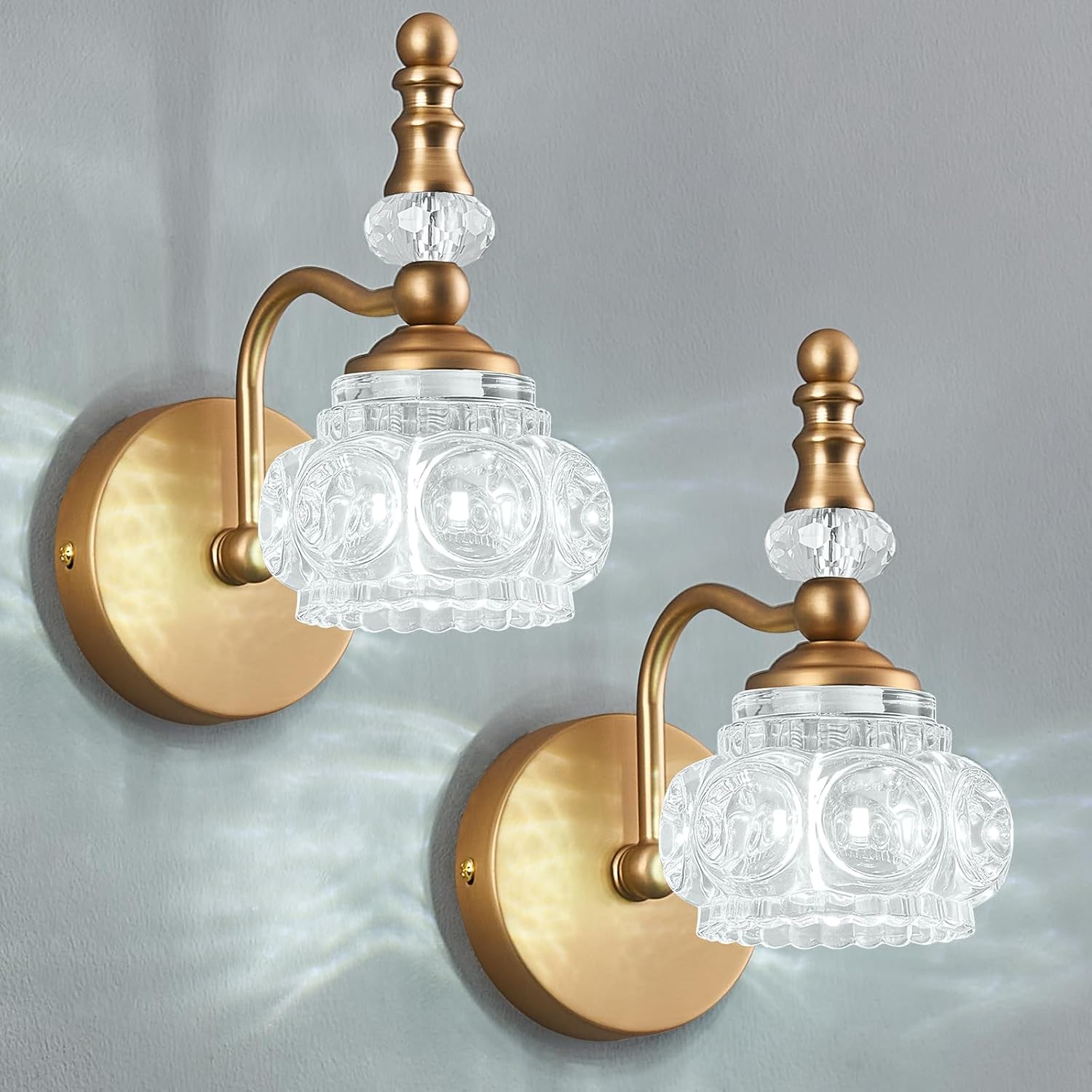Modern Glass Crystal Vanity Light - Vintage Bathroom Lighting Fixtures Over Mirror, 2 Pack Vanity Lights G9 Bulb (7.87 Inch,Brass)