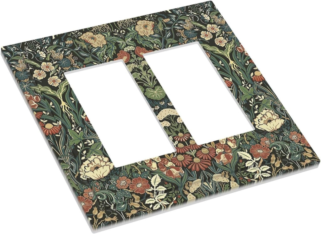 Decorative Outlet Covers Vintage Dark Floral William Morris Green Flower 2 Gang Double GFCI Rocker Electrical Wall Panels Light Switch Cover Plate for living Room Home Decor