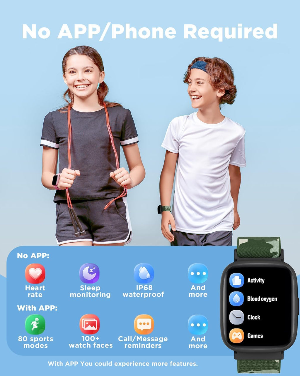 BIGGERFIVE Smart Watch for Kids, 1.8" Fitness Tracker Watch Pedometer, Heart Rate, Sleep Monitor, IP68 Waterproof, Calorie Step Counter, Puzzle Game with/without APP for Girls Boys Teen 5-16, 2 Straps