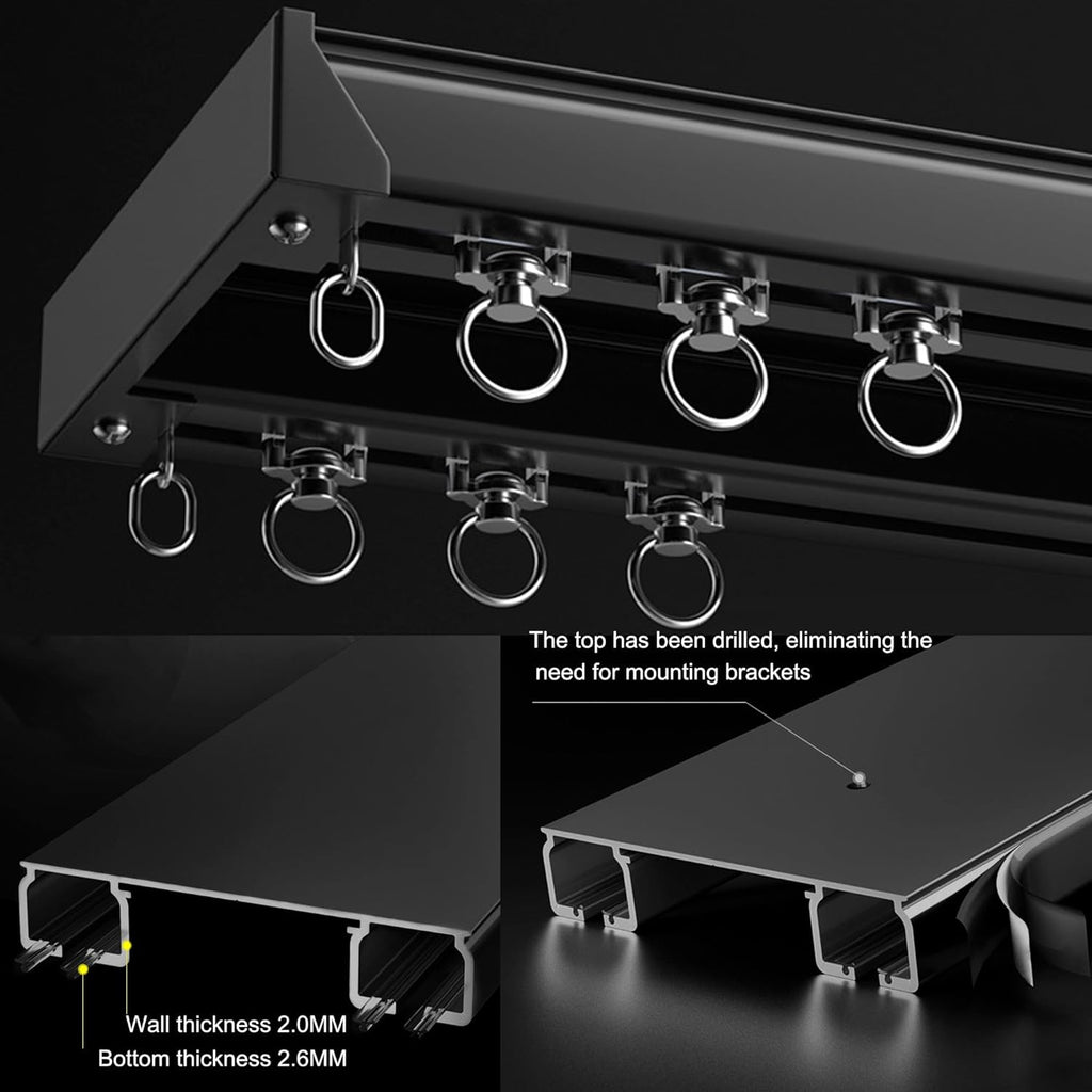 Ceiling Mounted Curtain Track System - Double Rails for Curtains & Drapes - Room Dividers - Sliding Curtain Rail for Window (balck, 3m)