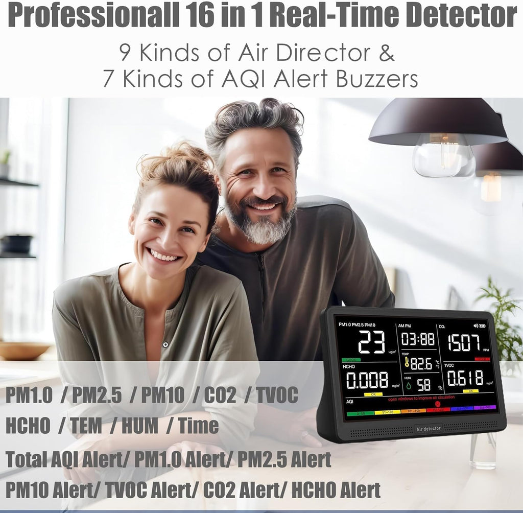 Professional Indoor Air Quality Monitor with 7X AQI Alarms,16 in 1 Portable Real-Time Detector for PM2.5 | PM10 | CO2 | TVOC | HCHO | Temp | Hum for Home Cars Plants Pets