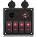 4 Gang Rocker Switch Panel, Multi-Function LED On-Off Switch with 3.1A Dual USB Charger, 12/24V Waterproof Marine Wired Toggle Switch Panel for Automotive Cars Marine Boats RVs SUV (Red)