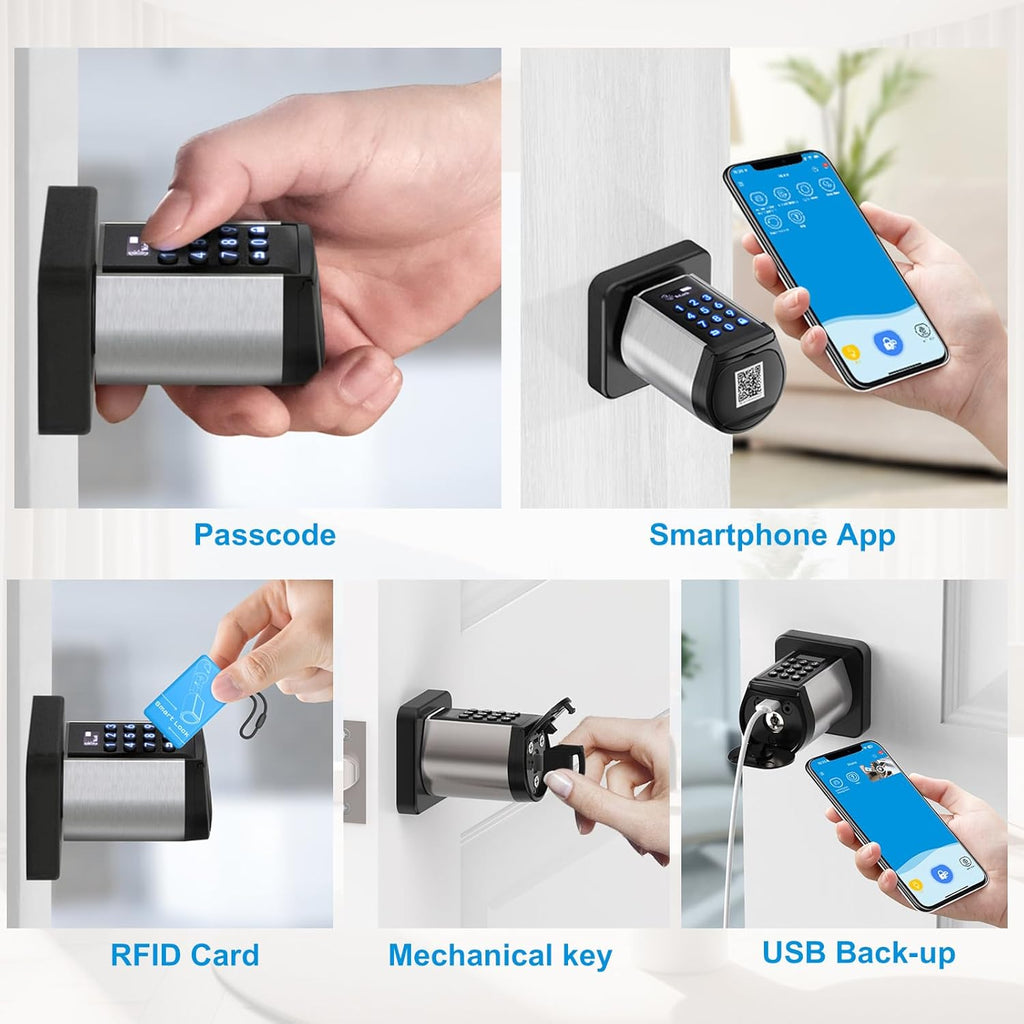 WELOCK WiFi Smart Door Lock, 5-in-1 Keyless Entry Doorknob with Auto-Locking, Bluetooth App Control,Password,2 Keys and IC Cards, Easy Installation for Bedroom,Home, Office(Black)