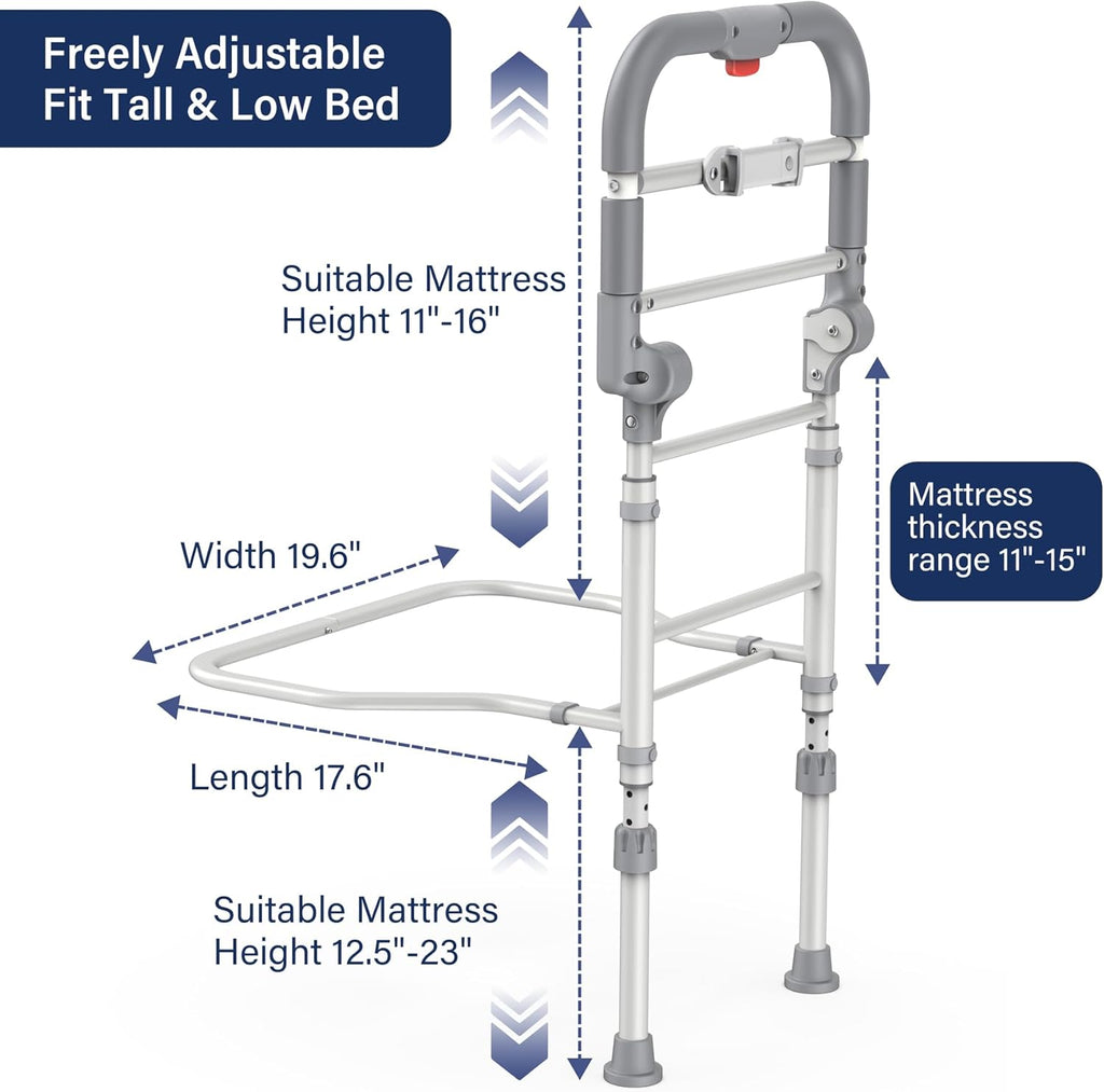 Foldable Bed Rails for Elderly Adults Safety - Heavy Duty Bed Rail for Seniors with Adjustable Height,Bed Side Rails with Motion Sensor Light and Storage Pocket,Fits King Queen Full Twin Beds,400LBS