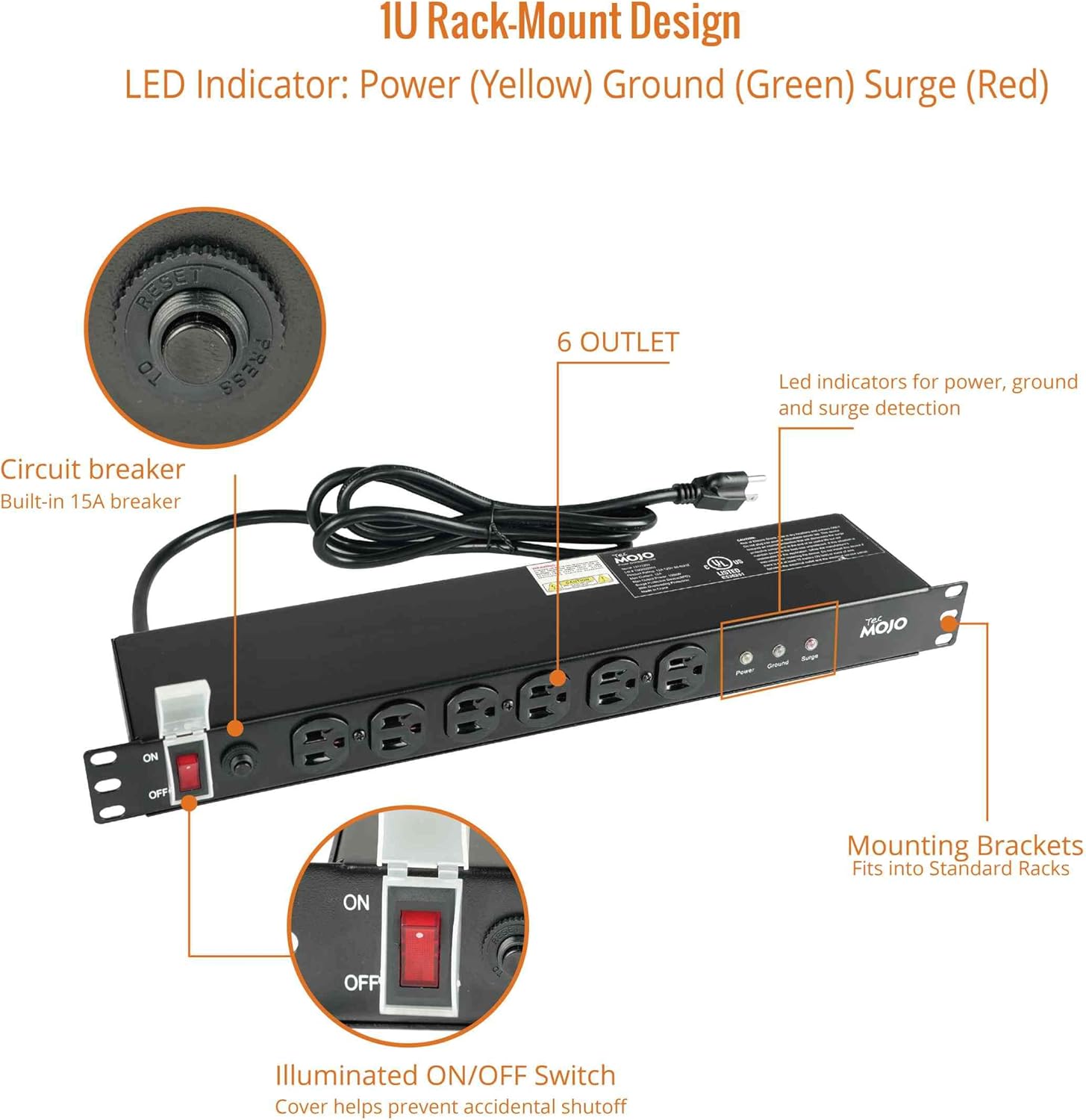 Tecmojo 1U Rackmount Network-Grade PDU Surge Protector Power Strip, 12 Outlets (6 Front, 6 Rear Wide Spaced) 12A 6ft Cord with 5-15P Lug - Black, UL Certified