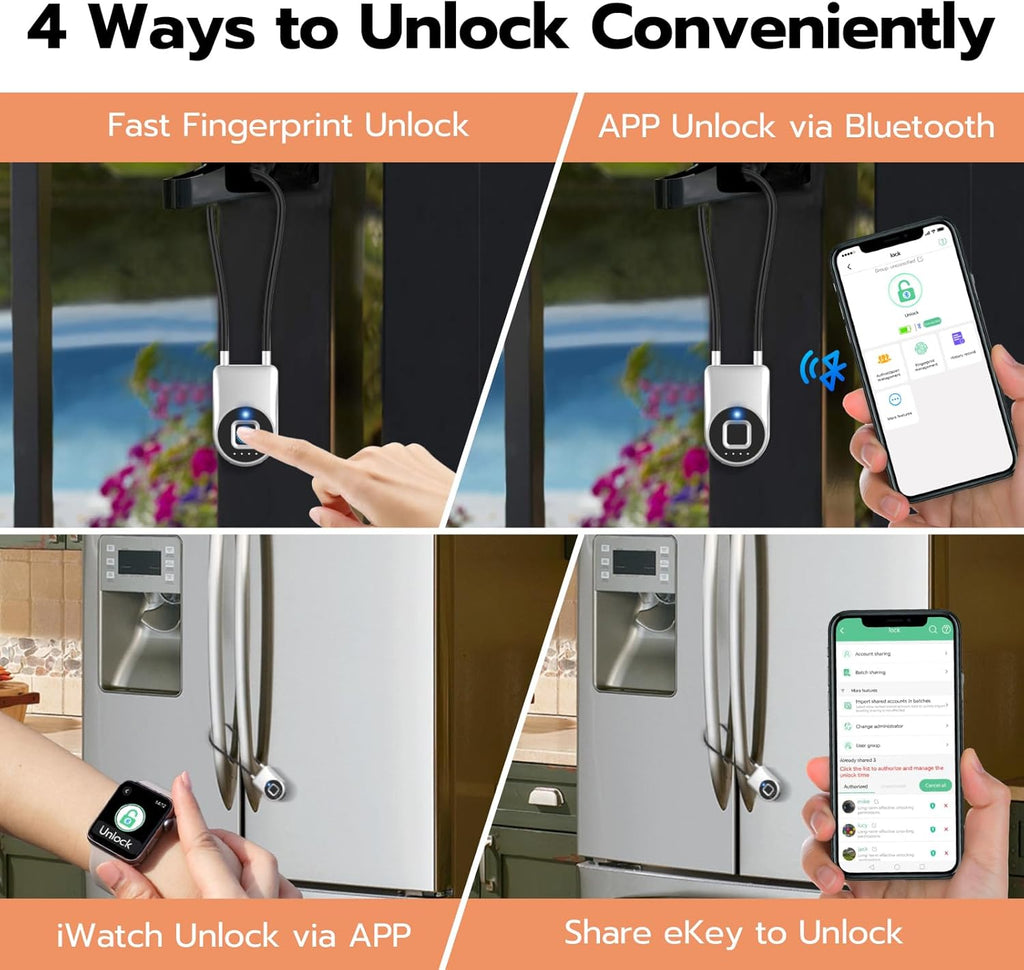 Fingerprint Cable Lock, eLinkSmart Fridge Locks with Bluetooth APP Control, Biometric Smart Padlock for Adults Baby Proof Cabinet Refrigerator French Door Cabinet Gate Locker Bike, 8.6'' Long Silver