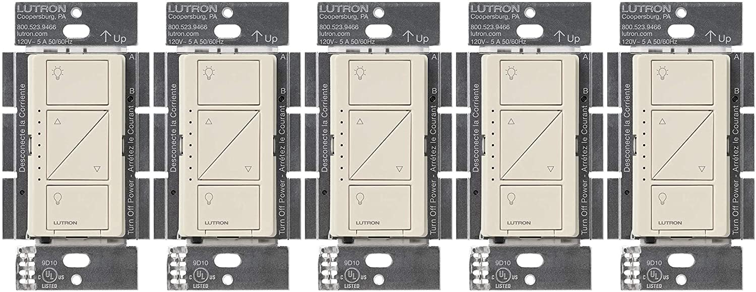 Lutron Caseta Original Smart Dimmer Switch (Lutron Smart Hub Required), for LED Lights, 150 Watt, Single-Pole/3-Way, No Neutral Required, PD-6WCL-LA, Light Almond, 5 Pack