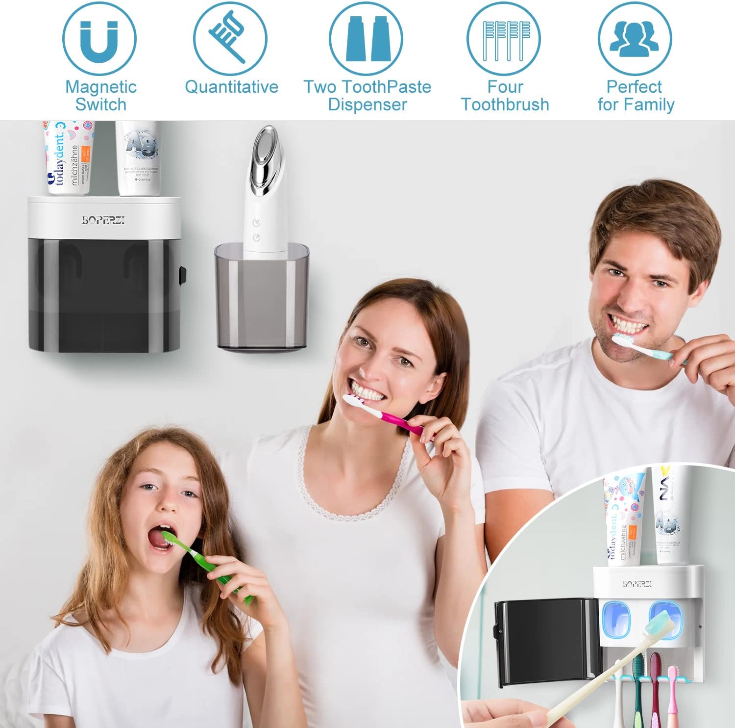 Boperzi Bathroom Razor Storage Holder and Toothpaste Dispenser Wall Mounted with Dustproof Cover, Black Toothbrush Holder Set for Mirror Shower with 2 Toothpaste Squeezers(No Electric, No Light)