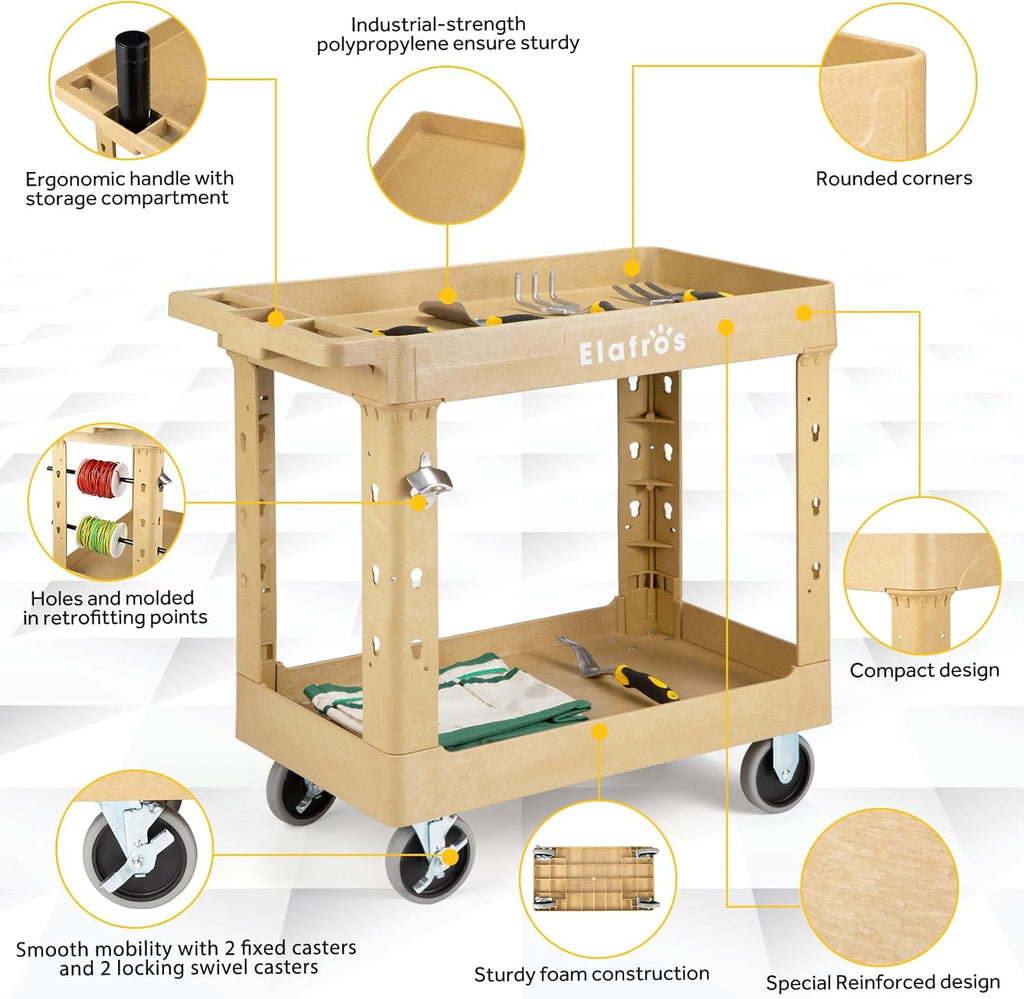 ELAFROS Heavy Duty Plastic Utility Cart 34 x 17 Inch - Work Cart Tub Storage W/Deep Shelves and 2 Fixed 2 Swivel Wheels Safely Holds up to 550 lbs - 2 Tier Service Cart for Warehouse,Garage, Sand