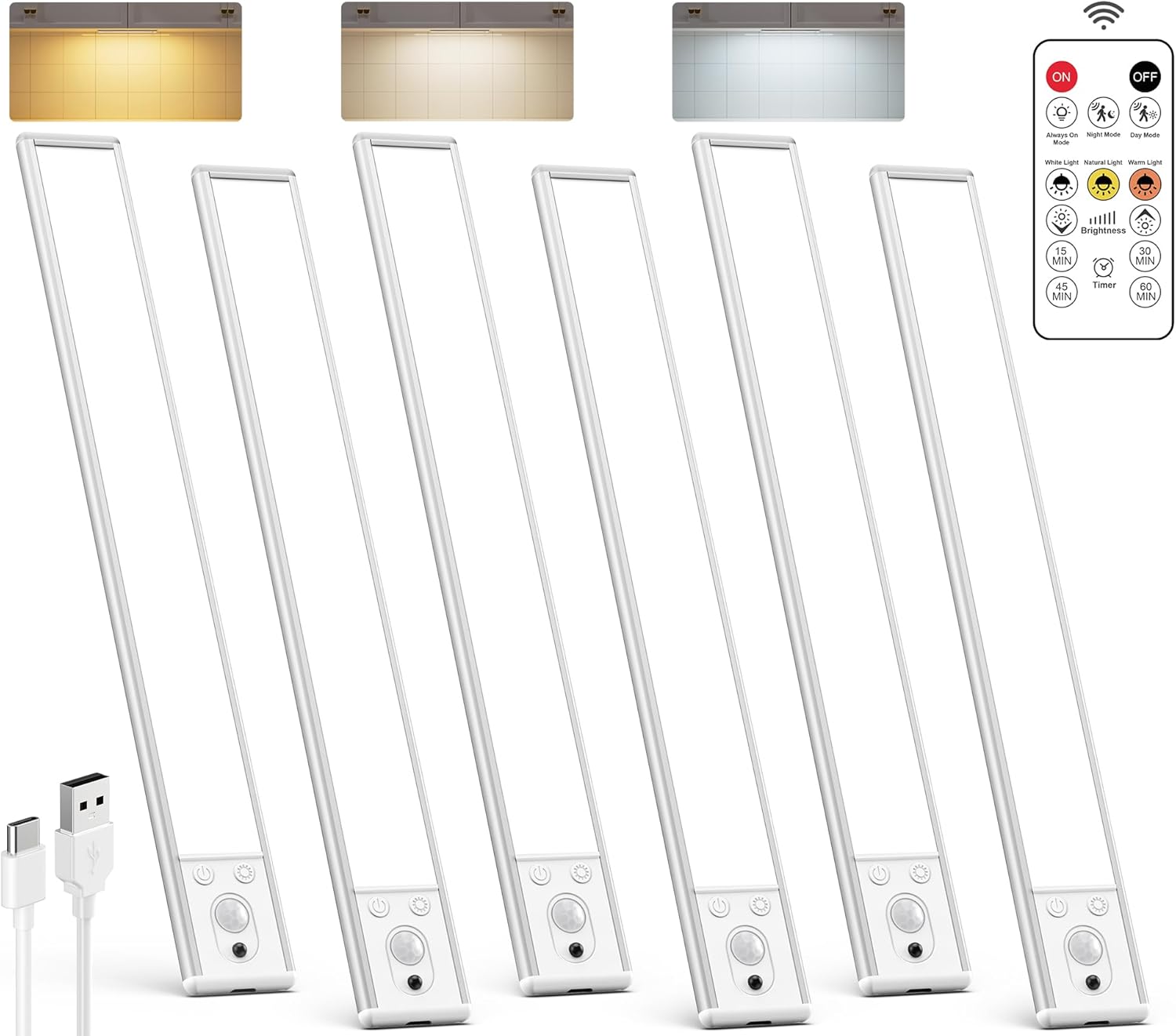 Under Cabinet Lighting Wireless, Rechargeable 62 LED Motion Sensor Light Indoor, 3 Color Temps Closet Lights with Remote Control, Dimmable Magnetic Under Counter Lights for Kitchen, Stairs, 6 Pack