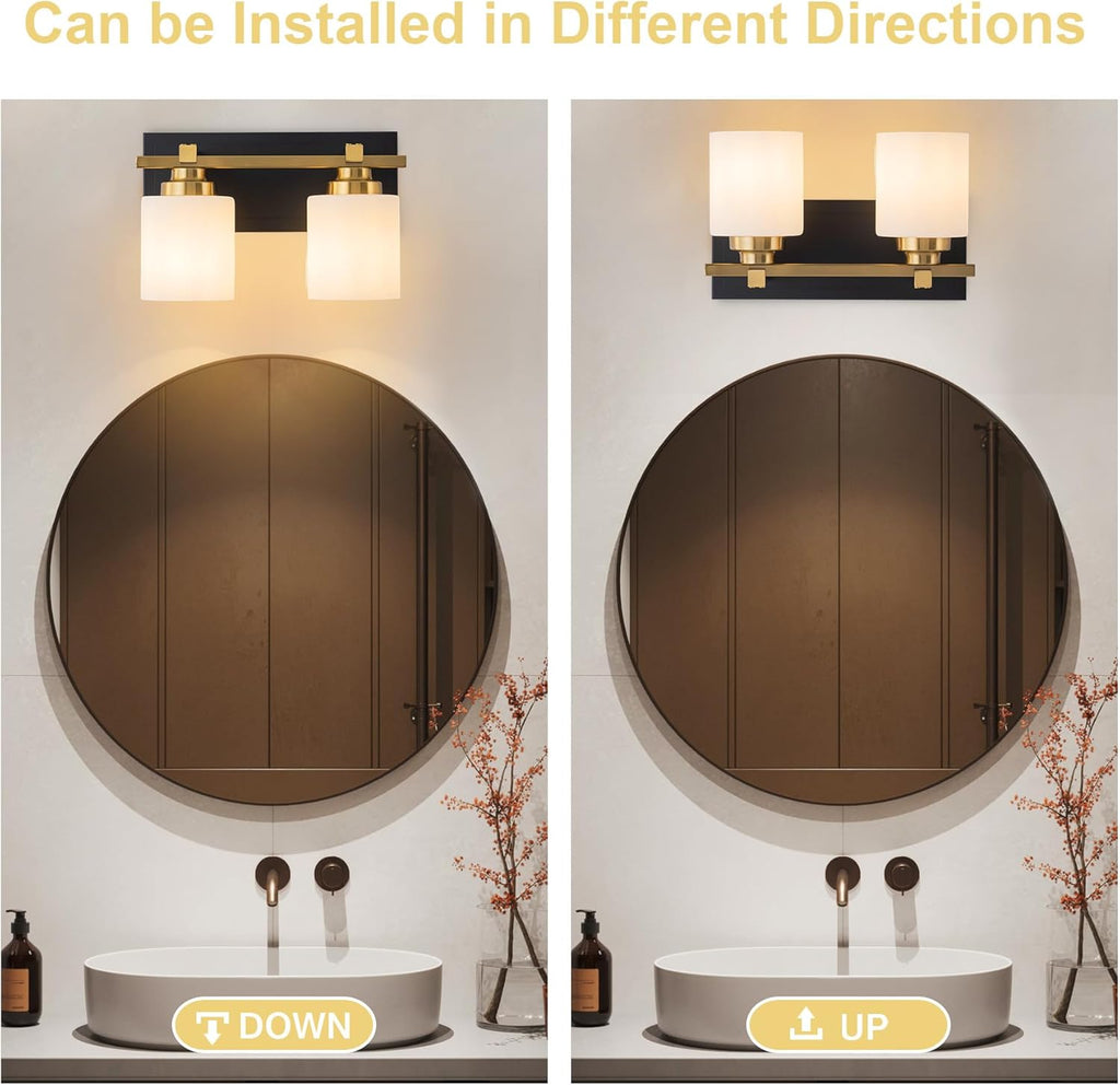 2 Light Modern Bathroom Light Fixtures Over Mirror, Black Gold Vanity Lights for Bathroom Wall Sconces with Milky White Glass Shades, E26 Socket (Bulbs Not Included)