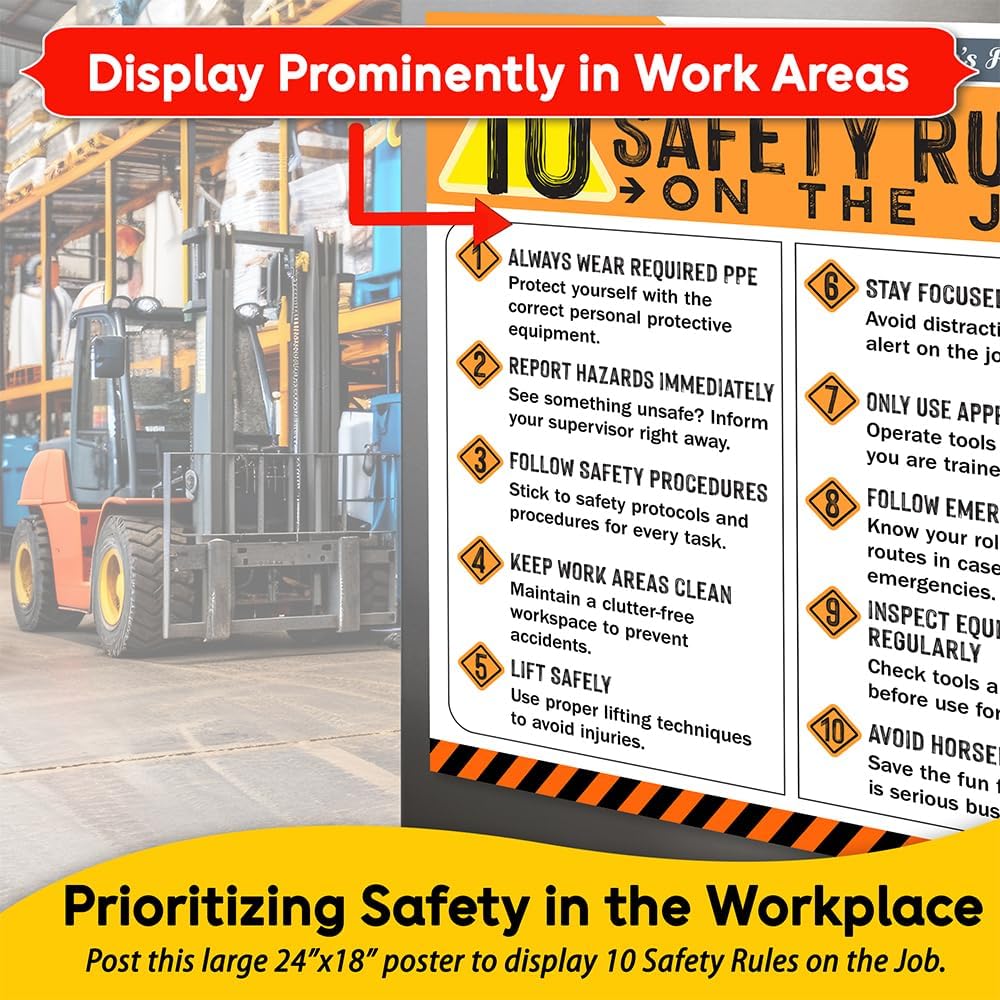 10 Safety Rules on the Job Poster 2026 Version – 18x24 Durable Laminated Safety Sign, Tear-Resistant, Waterproof Workplace Safety Poster for Industrial and Construction Settings (Pack of 10)
