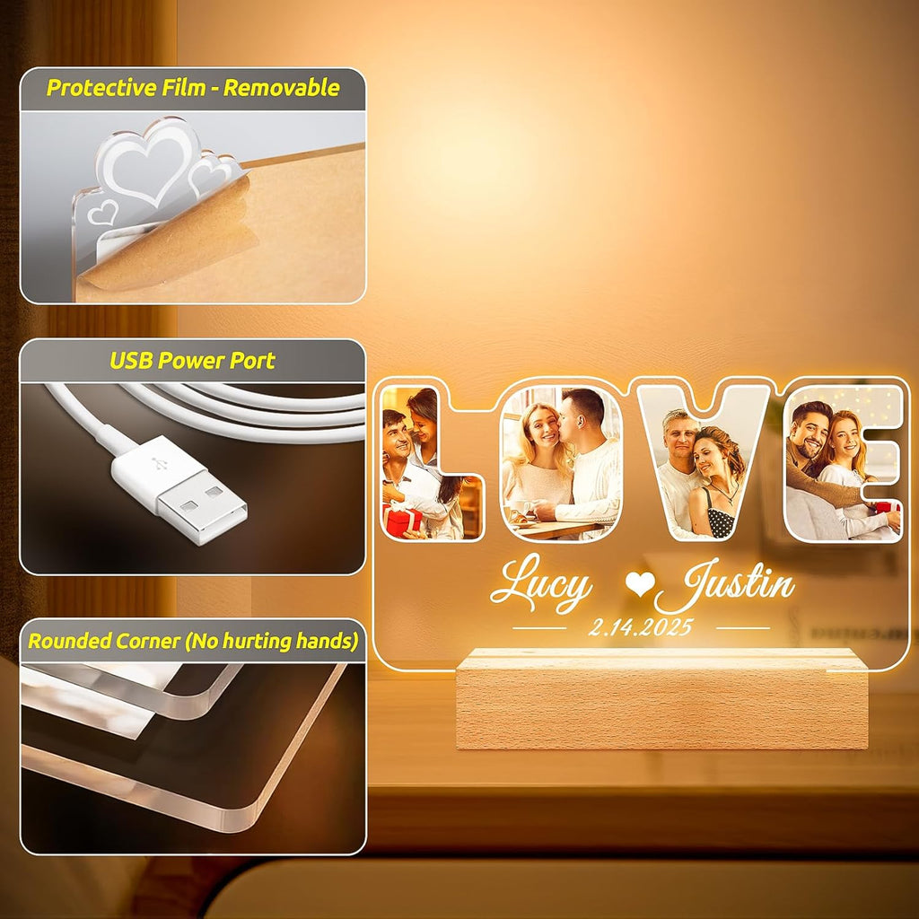 Custom Picture Frames with Photo, Personalized Photo Frame with Night Light, Customized Picture Frame, Personalized Anniversary Valentines Day Gifts for Women Men Her Him Girlfriend Boyfriend Couple