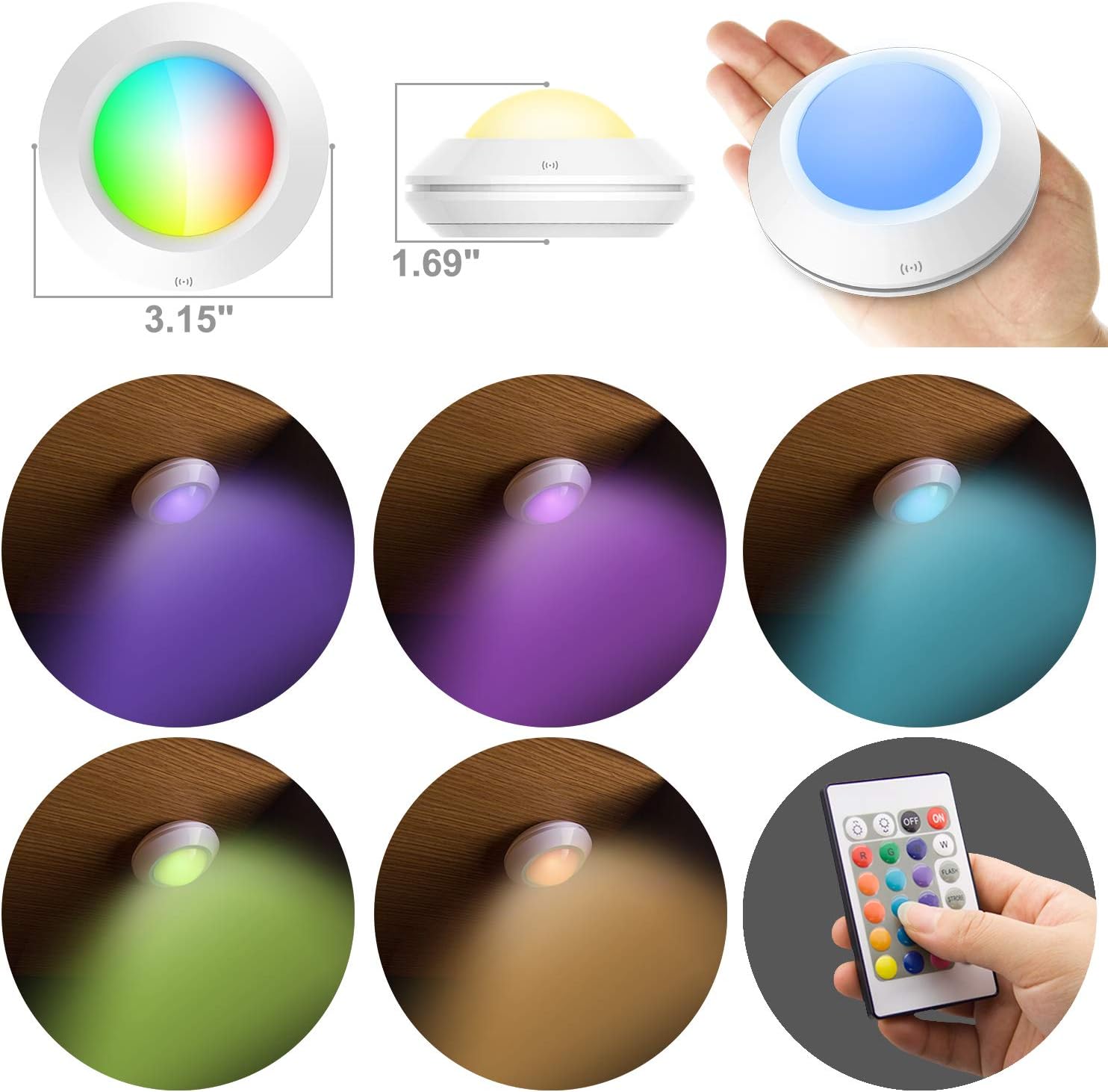 HONWELL Push Lights, LED Puck Lights with Remote, Battery Operated Under Cabinet Lighting,Cordless RGB Color Changing Touch Fairy Light with Dimmer, Stick on Light for Closet Classroom Shelf