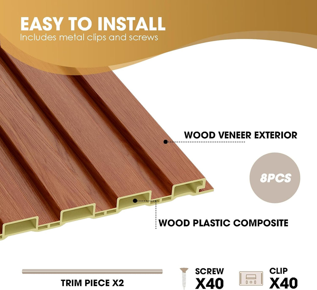 OUZUGIE WPC Acoustic Slat Wall Paneling, 8-Pack 96 x 6 Inches 3D Wall Panels for Interior Wall Decor,Living Room,TV Background,Study Room,Office Spaces,Bedroom,Low Grille (Teak)