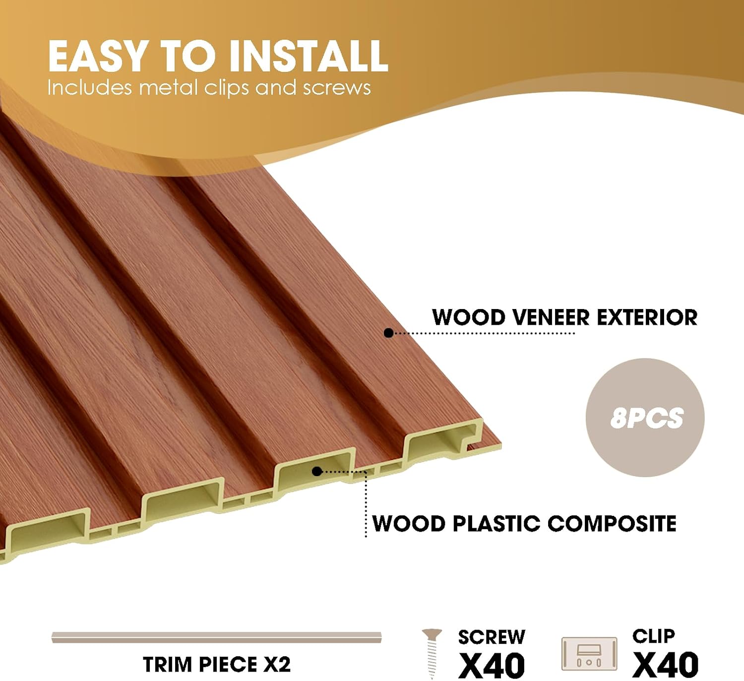 OUZUGIE WPC Acoustic Slat Wall Paneling, 8-Pack 96 x 6 Inches 3D Wall Panels for Interior Wall Decor,Living Room,TV Background,Study Room,Office Spaces,Bedroom,Low Grille (Teak)