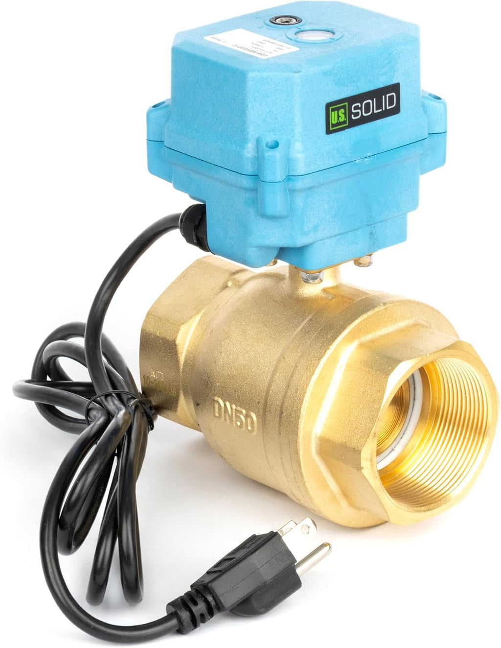 U.S. Solid 2" Motorized Ball Valve with US Plug 110VAC Brass Electrical Ball Valve, IP67, Manual Override, Direction Display Auto Return, Normally Closed, IP67