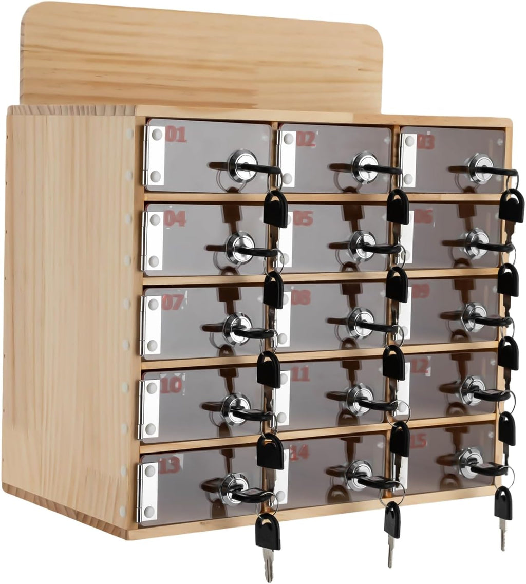 15 Slot Lockable Cell Phone Locker Box, Wall-Mounted/Freestanding Clear Acrylic & Wood Cell Phone Storage Cabinet with Door Locks and Keys for Classroom, Office, and School Employees