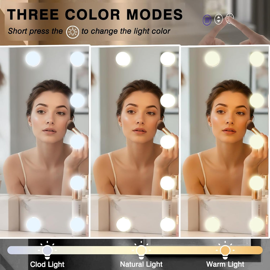 40x32 Hollywood Bathroom Mirror with LED Bulbs, 3 Colors Modes, Dimmable CRI90+ Lights Mirror, Fog Free Mirror, Shatter-Proof, Corrosion Resistant, Memory Function, Touch Control, Wall Mounted