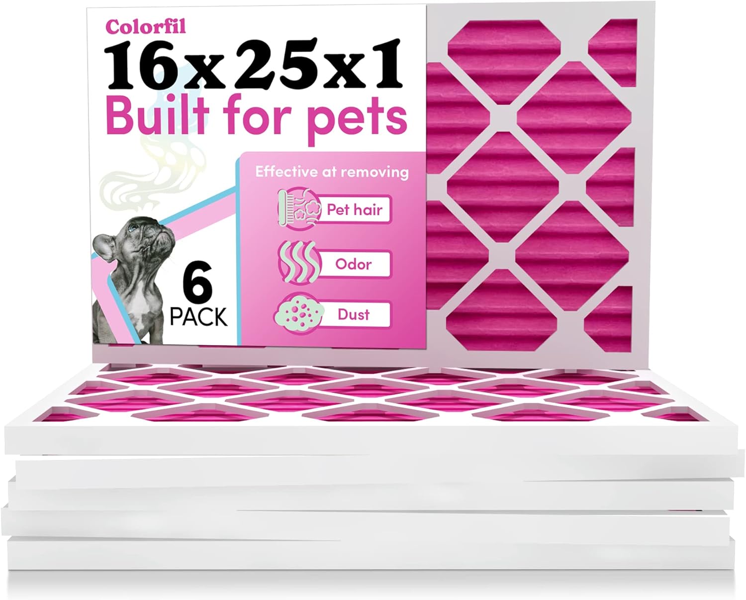 Colorfil 16x25x1 Air Filter (6-Pack) | Made in the USA | Color Changing | Remove Cat and Dog Odor | MERV 8 for Pet Hair Dander and Dust | 15.5"x24.5"x0.75" Exact Size