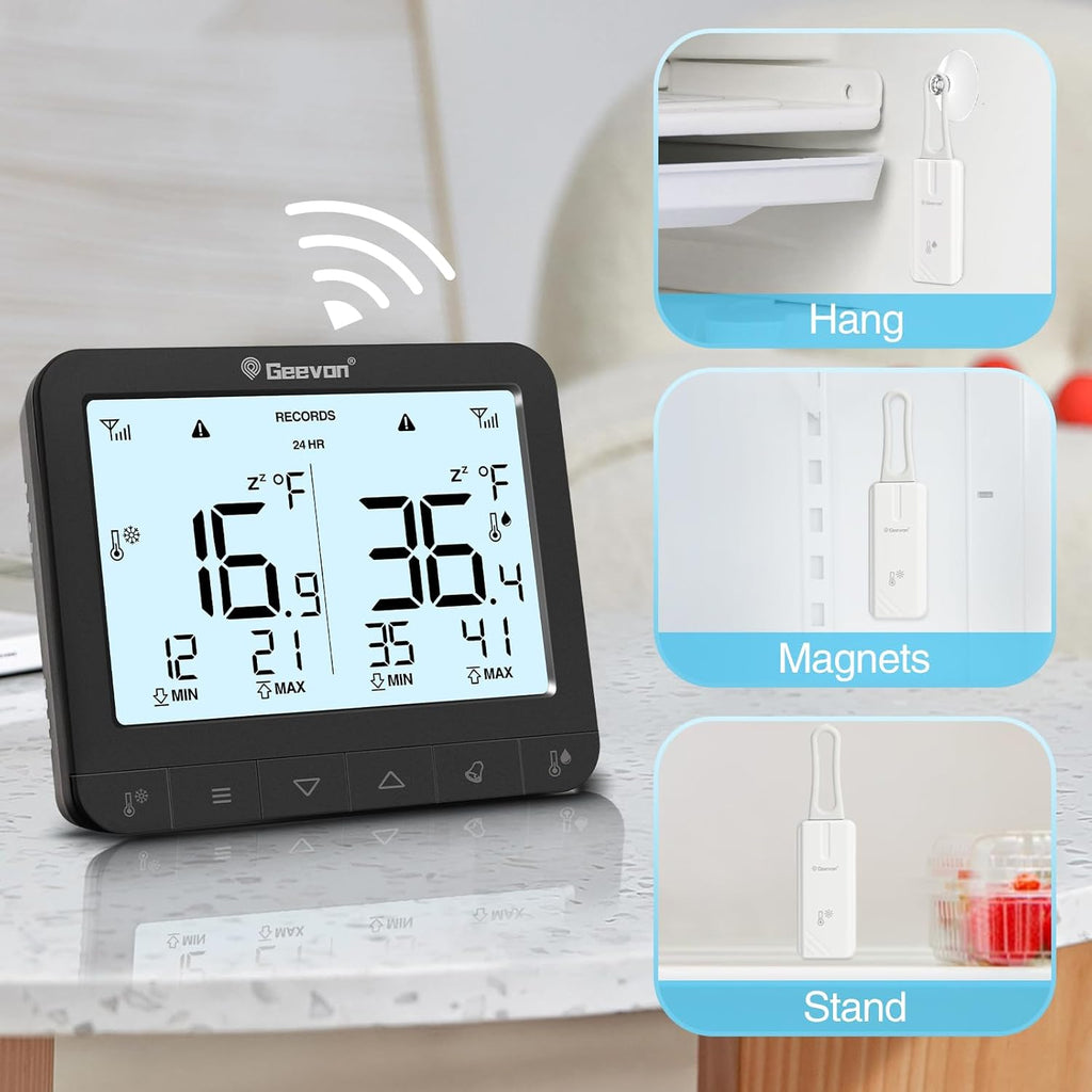 Geevon Digital Refrigerator Thermometer with Alarm, Low Battery Warning Icon, Max/Min Temperature LCD Display, Suitable for Domestic or Commercial Use Freezer Thermometer with Alarm