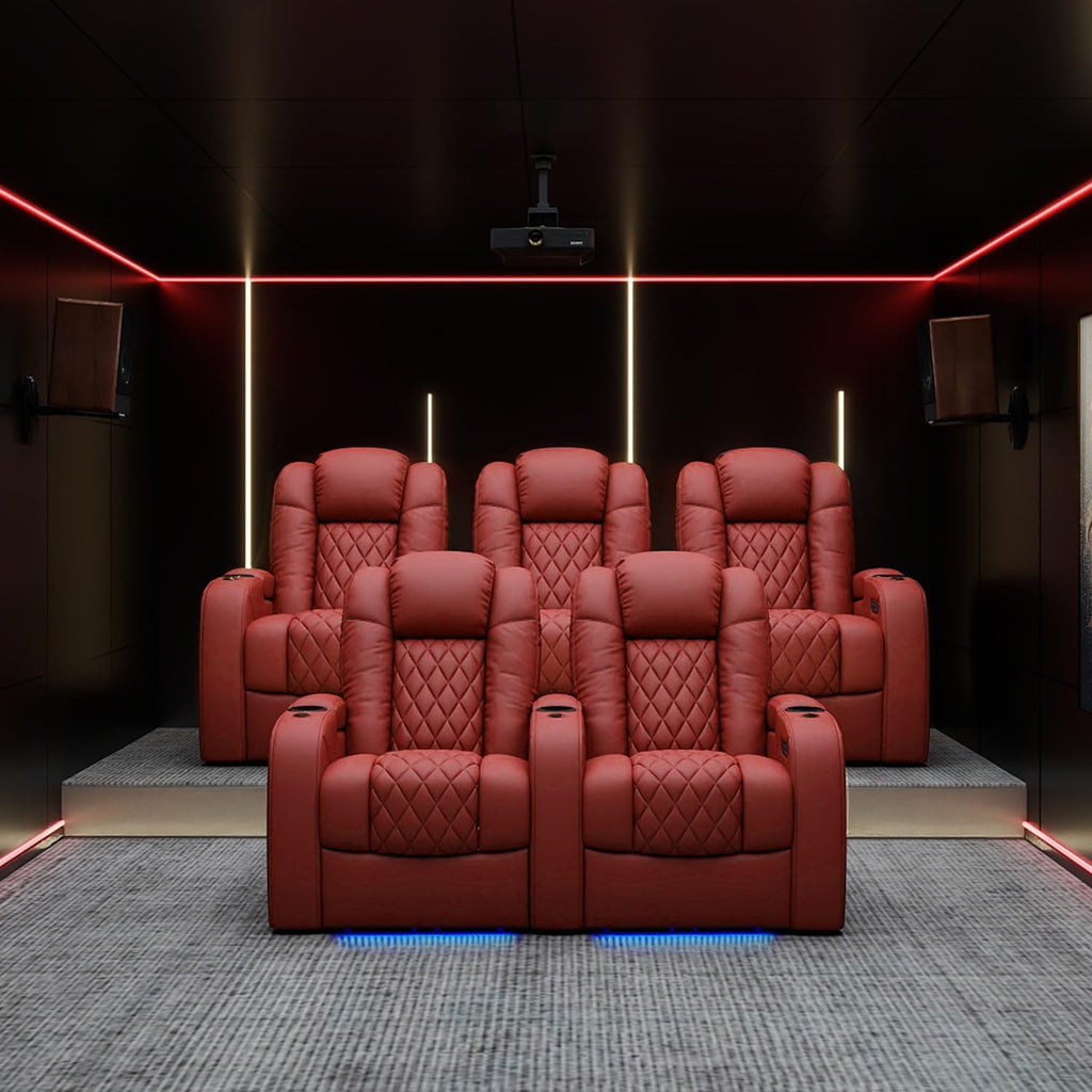 Weilianda Home Theater Seating Top Grain Leather Zero Gravity Recliner Chair Power Headrest Recline Movie Seat Gaming 7 Colors Mood Light Sofa with Tray Table USB Charge Row of 4 Loveseat Left Red