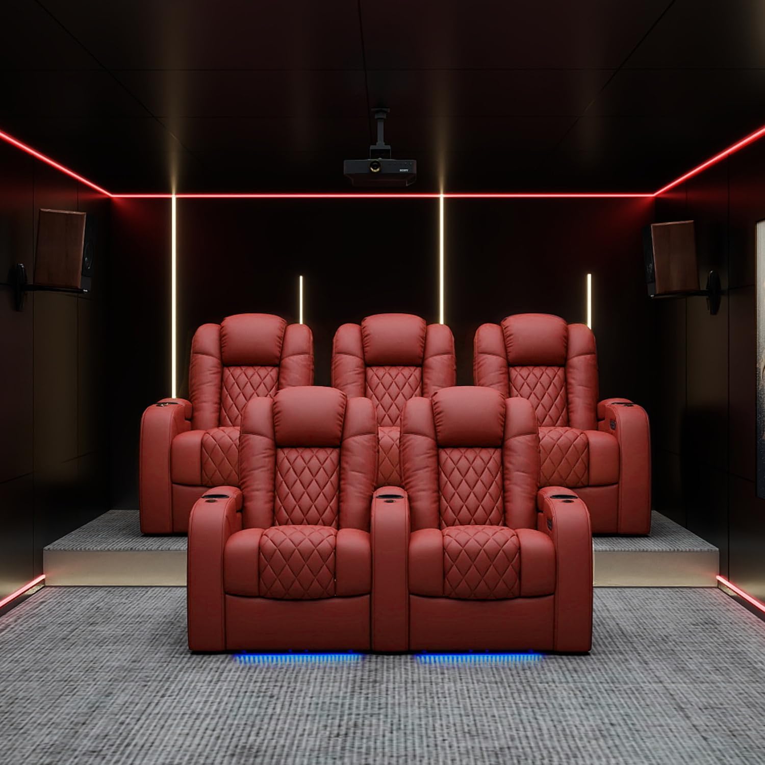Weilianda Home Theater Seating Top Grain Leather Zero Gravity Recliner Chair Power Headrest Recline Movie Seat Gaming 7 Colors Mood Light Sofa with Tray Table USB Charge Row of 4 Loveseat Left Red