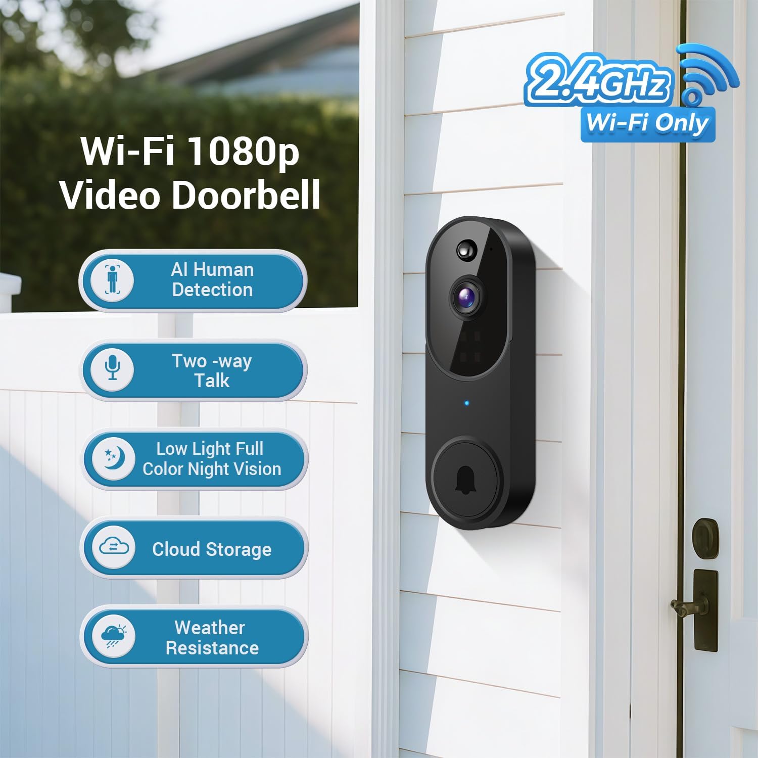 1080P Smart Wireless Video Doorbell Camera, Night Vision, Real-Time Alerts, AI Human Detection, Two-Way Talk, Cloud Storage, Night Vision, Battery Rechargeable(Receiver not Included)