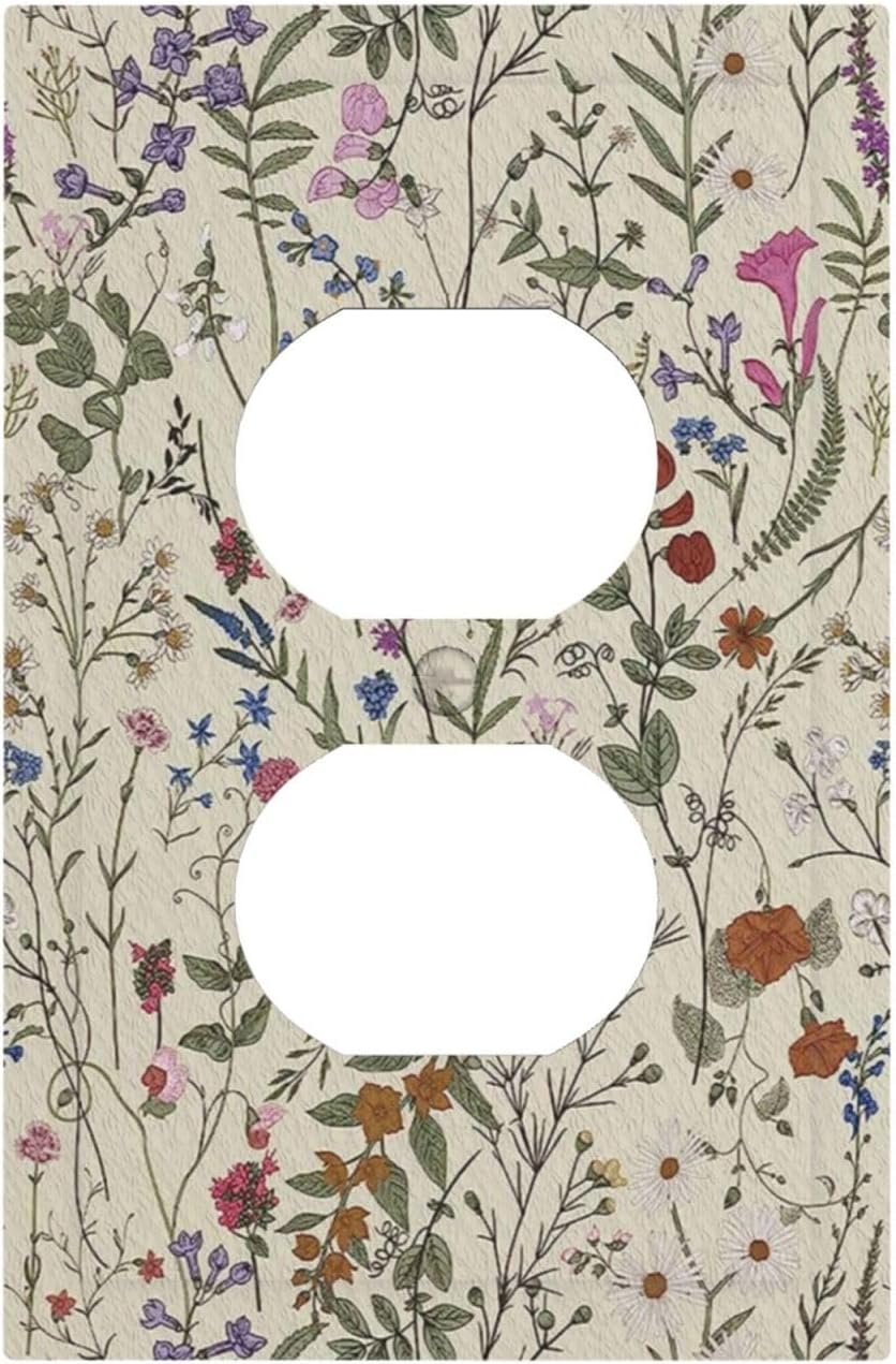Decorative Switchplate Covers Beige Background Boho Red Flowers Plant Leaf Single Duplex Wall Plate Covers Light Switch Cover 1 Gang Outlet Plate Electrical Faceplate for Country Bedroom Decor