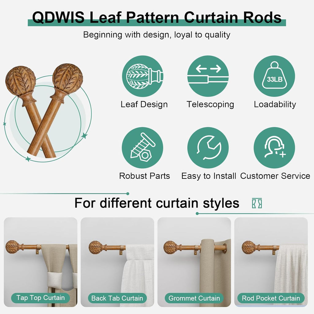 Boho Wood Curtain Rods for Windows 72 to 144 inch,1" Adjustable Heavy Duty Window Curtain Rod with Imitation Wood Grain Finials,Rustic Decorative Drapery Rods Set,Size:36-150'',Natural Wood