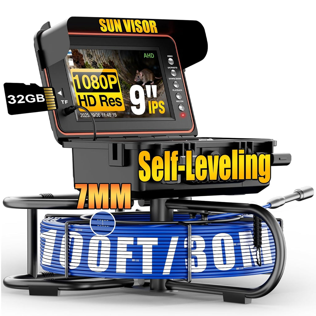 Sewer Camera, Self Leveling Drain Camera 100ft with Meter Counter, 9" HD Plumbing Cameras Snake with 12 LED Lights, 5100mAh Battery, IP68 & 32GB DVR Recorder, Duct Sewer Line Pipe Inspection