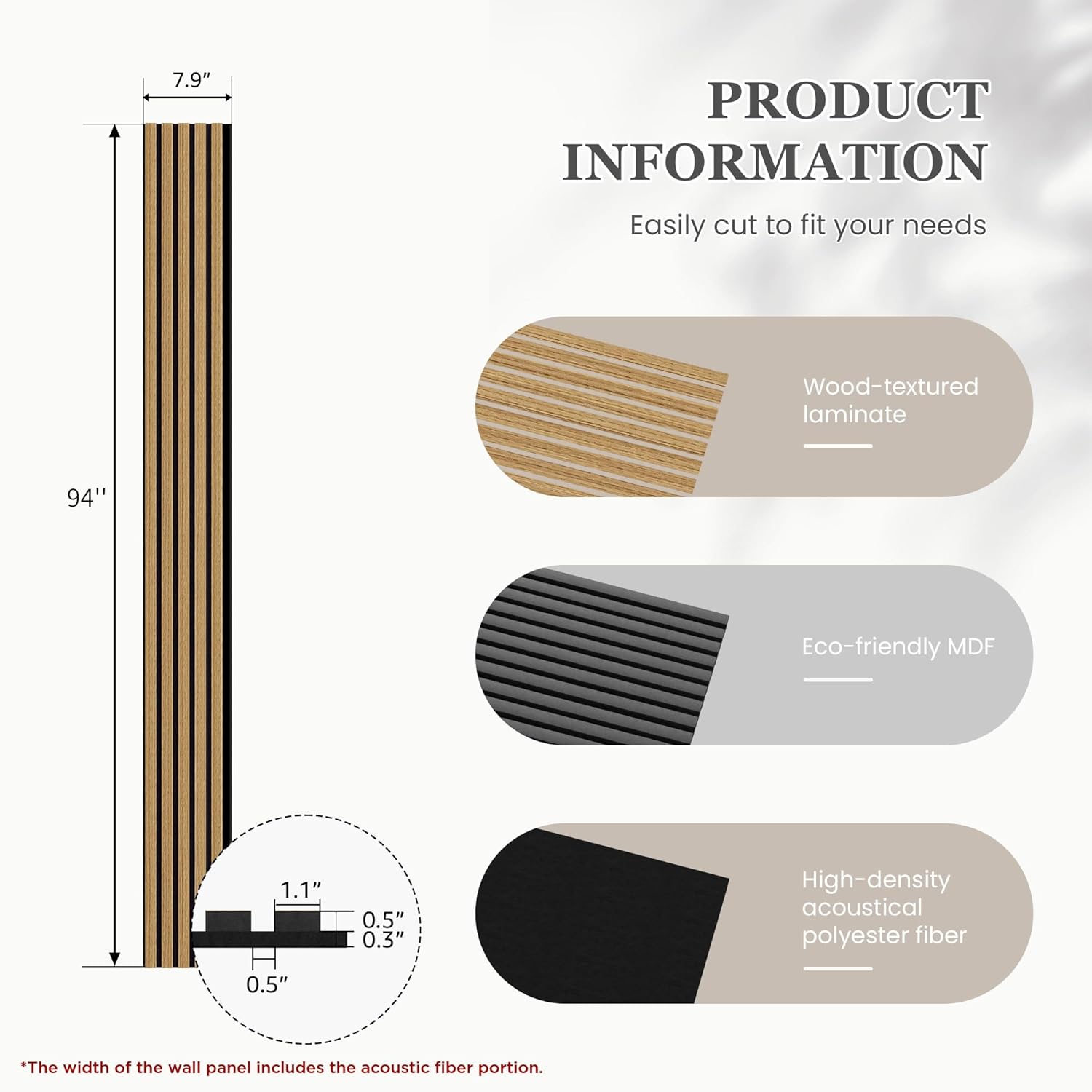 Wood Salt Acoustic Wall Panels, 6 Piece 94" x 7.9" x 0.8" Soundproof Wooden Wall Panels, 3D Fluted Sound Absorbing Panel, Teak