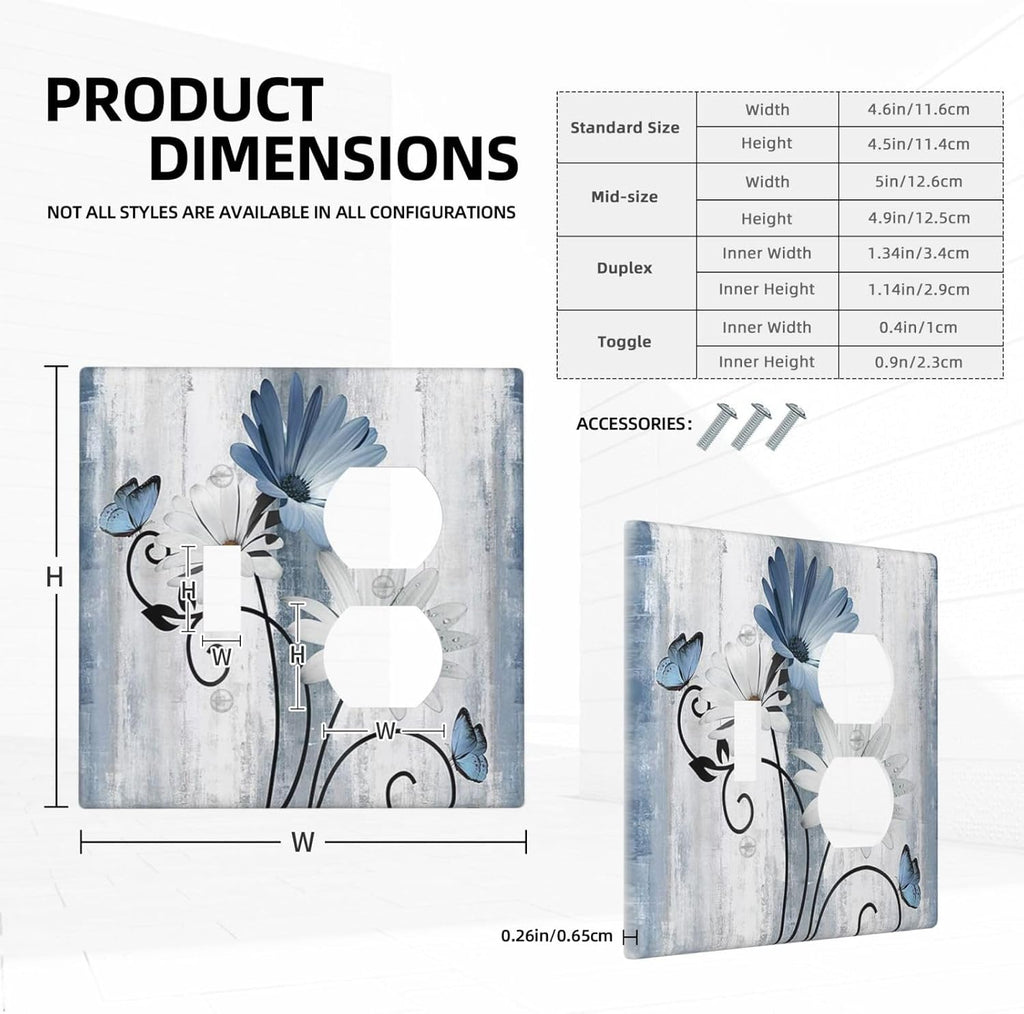 Decorative Outlet Covers Rustic Blue White Daisy Ink Flower 2 Gang Light Switch Cover Plate Single Toggle Duplex Wall Plates for Electrical Outlets Switch Plate Covers for Bedroom Home Decor