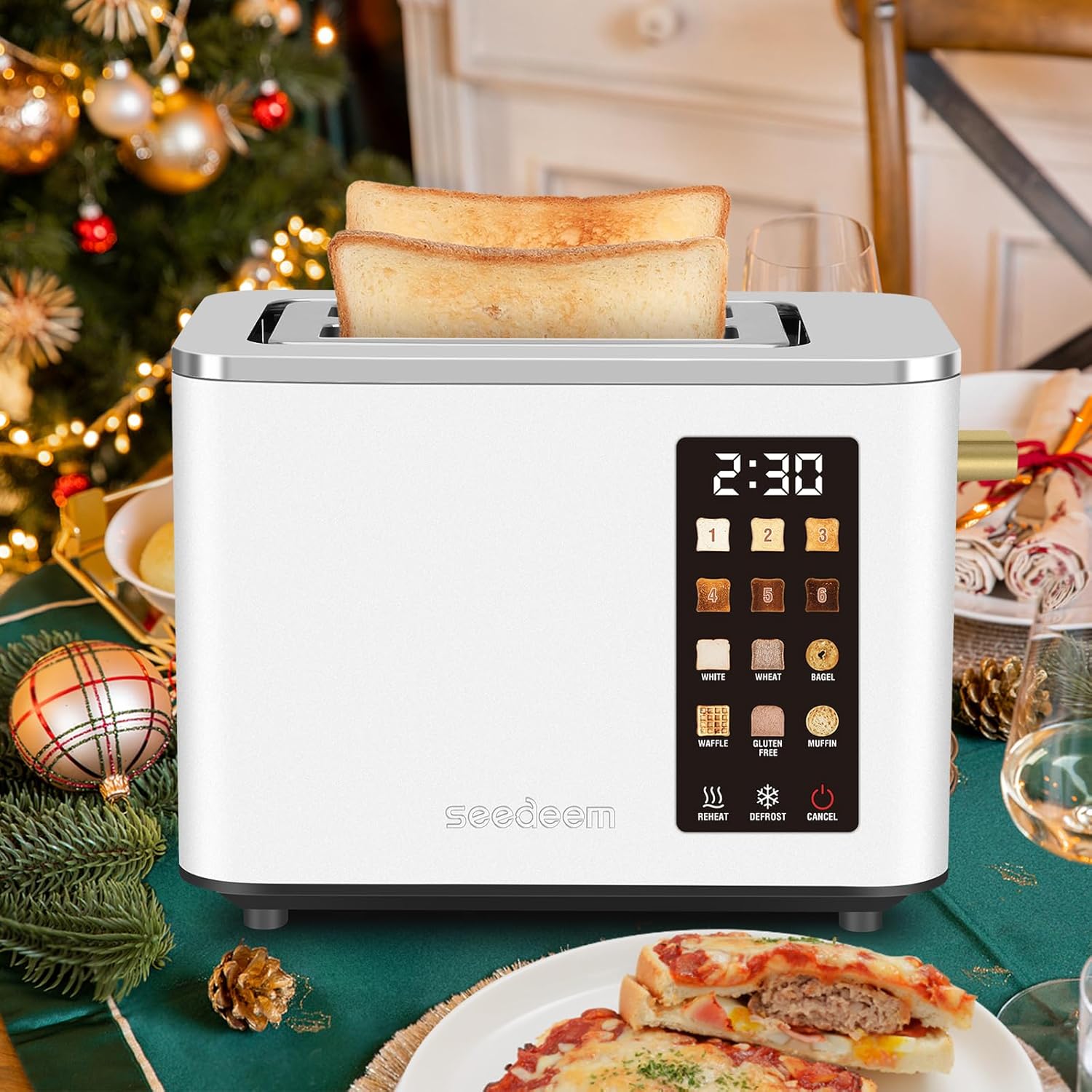 SEEDEEM Toaster 2 Slice, Touch Control Screen, Smart Stainless Toaster, 6 Shade Setting, 6 Bread Selection, Countdown, Removable Crumb Tray, 900W, Pearl White